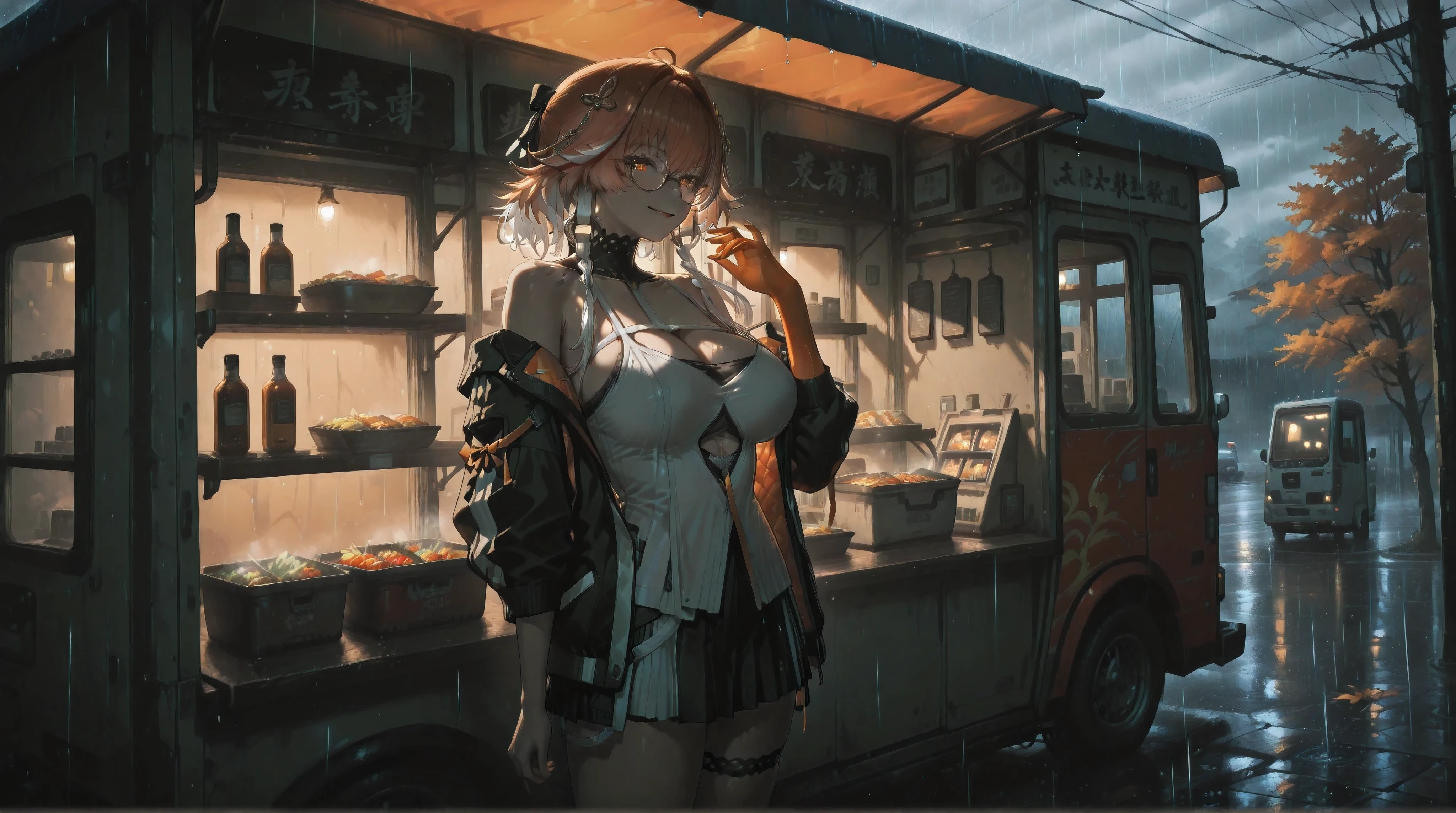 (NSFW:1.1), A Realistic image, extremely sharp focus, crisp details, high resolution, low light, cinematic, fashion photography, 4K, 8K. (correct anatomy and detailed hand). A wide angle shot, side view, a detailed, high quality rendering of changli(wuwa) from Wuthering Waves. She wears beautiful, detailed round eyeglasses, she wears a camisole, varsity jacket and miniskirt. She has a beautiful large breasts. She has a beautiful face details, a beautiful detailed orange eyes, streaked hair, detailed hands, five fingers and a real human skin, her expression is happy and she looks at the viewer. She's standing in front of a food truck. Rain, autumn, dramatic cold soft light casting soft natural shadows, cold and warm color pallete. the background has highest detail, detailed background and depth of field.