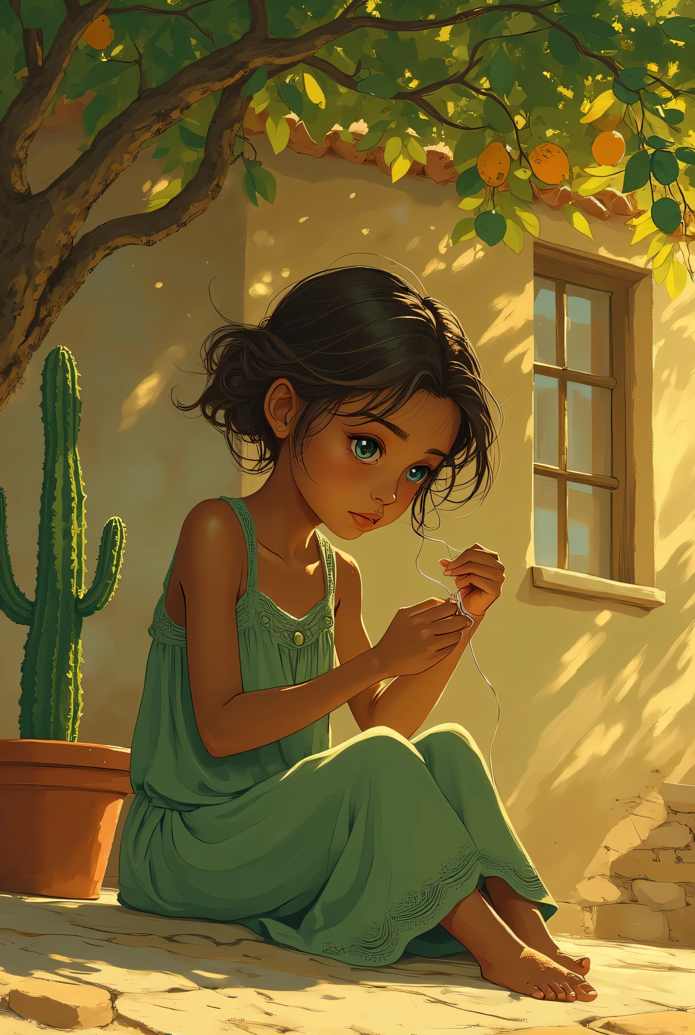estilo realista.  A dark-skinned girl , small with short brown hair and expressive blue eyes, sitting in the shade of a fruit tree. She wears a green dress with lace details and buttons, and delicately holds a thread or small object between her fingers, showing introspection and light melancholy. Ao fundo, you can see a simple house with a clay roof and a wooden window, In addition to a vase with cactus. the scene is bathed in soft golden light, with a nostalgic and serene atmosphere