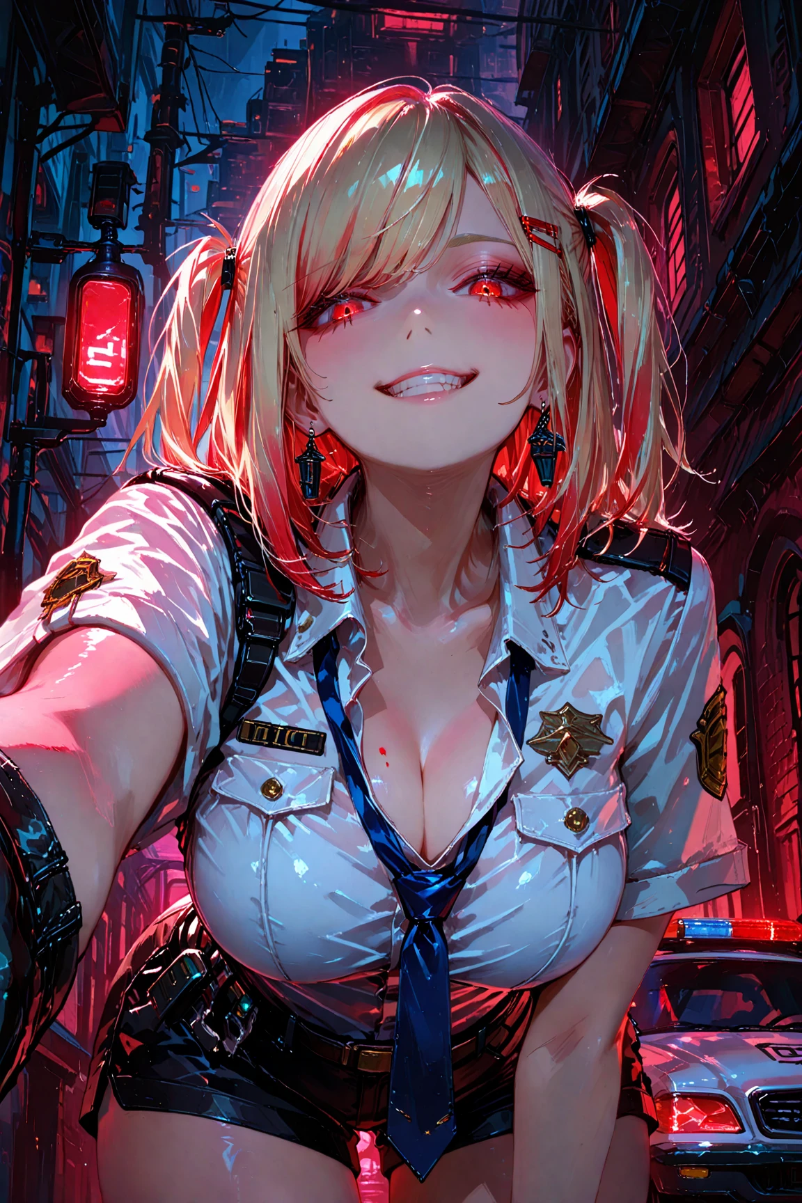 power from chainsawman, yellow vivid eyes, with her iconic two red horns on top her head, fangs, sharp teeth, wearing loose white long sleeve, cleavage, black dark business pants, dark alley setting, blood and gore, raining heavily, outdoors, smile, nighttime, dim street light illumination
