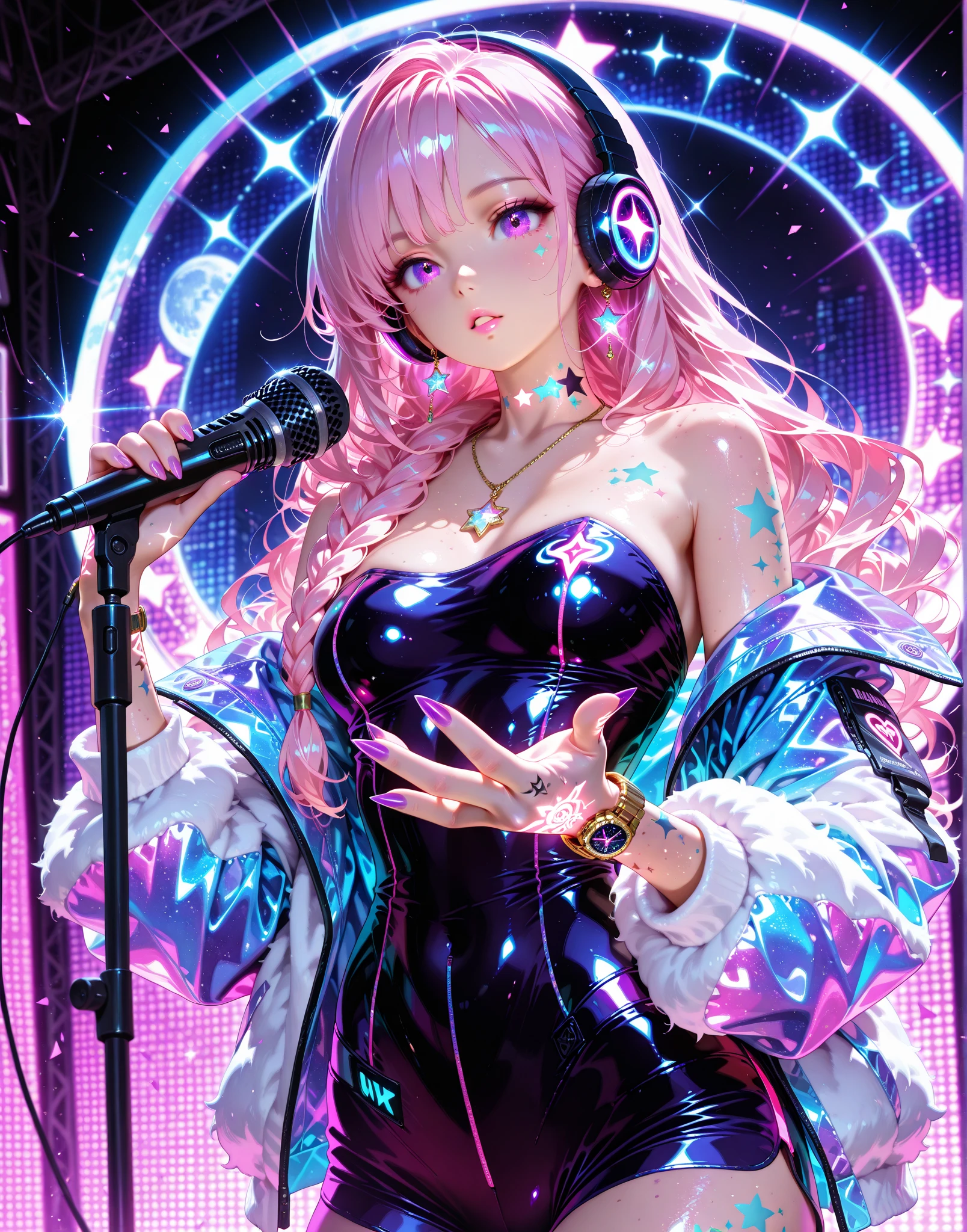 Upper body, Female DJ, colorful clothes , strange, Vibrant look, Playful accessories, creative act, Imaginative, Sensual, spontaneous, DJ headphones, Mixer, Music Club, nightclub, Indie Theatre, People dancing on dance floor background, Underground ballroom, best quality, Texture, intricate details, (movie lighting), original photo, 8k