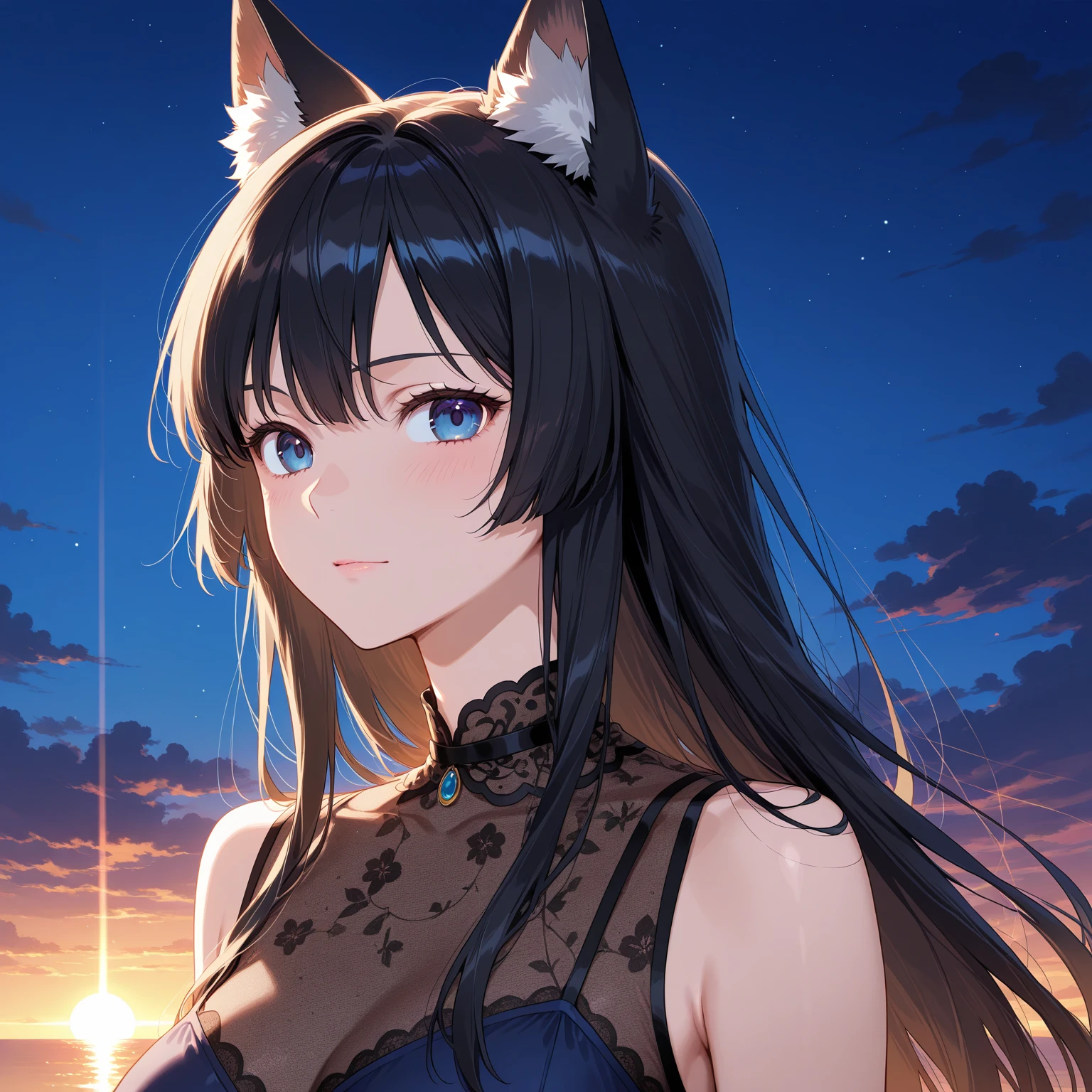black hair　long hair　Blue ribbon on the side of the head　beautiful girl　Dark blue dress　Deathscythe