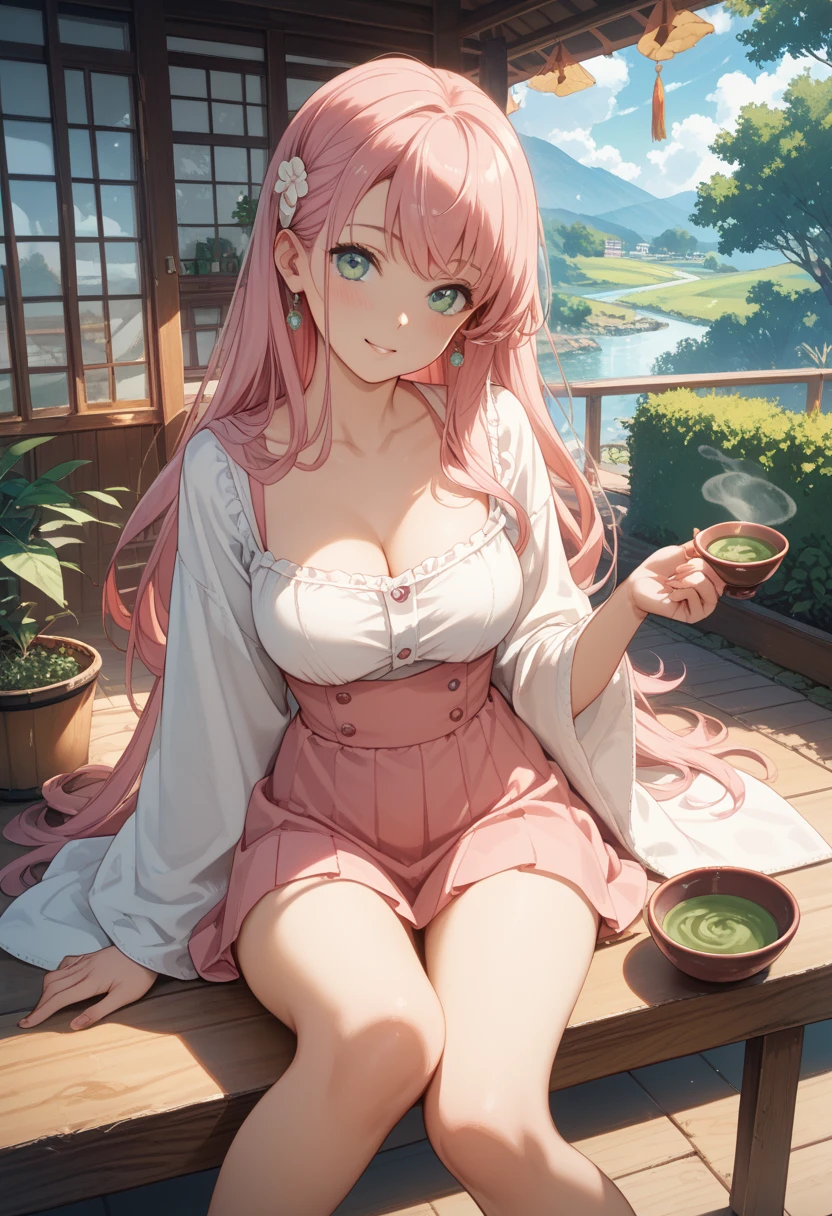 mitsurikanroji, mitsuri kanroji, braid, gradient hair, (green eyes:1.5), green hair, long hair, mole, mole under eye, multicolored hair, pink hair, twin braids, two-tone hair, In the lake next to the waterfall. the night, Fireflies. Sakura. cherry blossoms. Huge tits, sexy, bikini,, Sits, spread legs