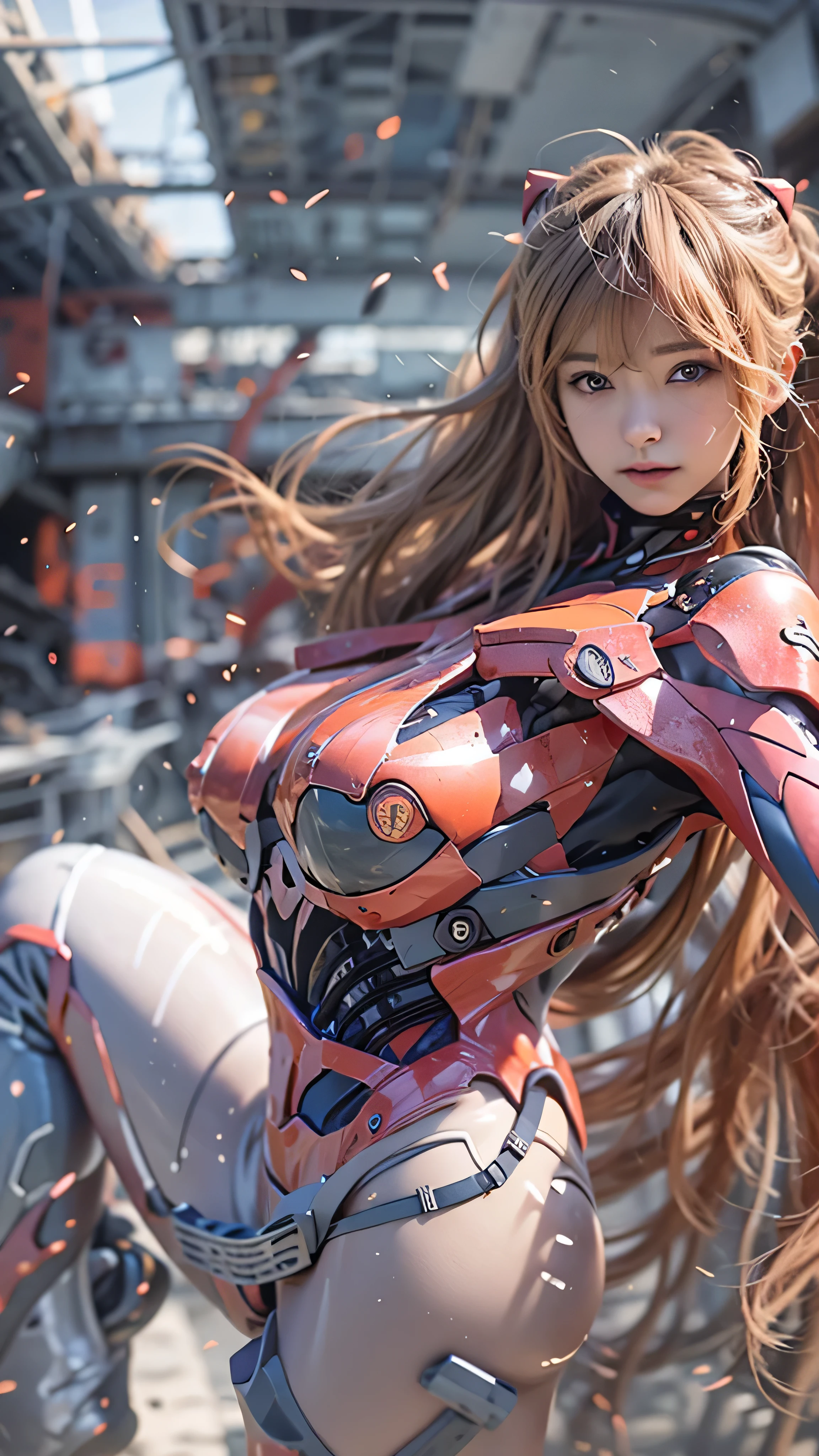 (masterpiece, Reality:1.3, best quality:1.2,.35mm Photo, [Movie, 【8k), 1girl, ((alone)), Sharp Focus, Facial Closeup, looking at the audience, Smile, (Naturally sagging medium breasts), knee socks, perfect light, blooms,Available light,Tinder effect, absurd, (blush), Space Station, asuka langley soryu, (panoramic shot), Amazing Color , ((full body)), (standing, Oriented, Outdoor),