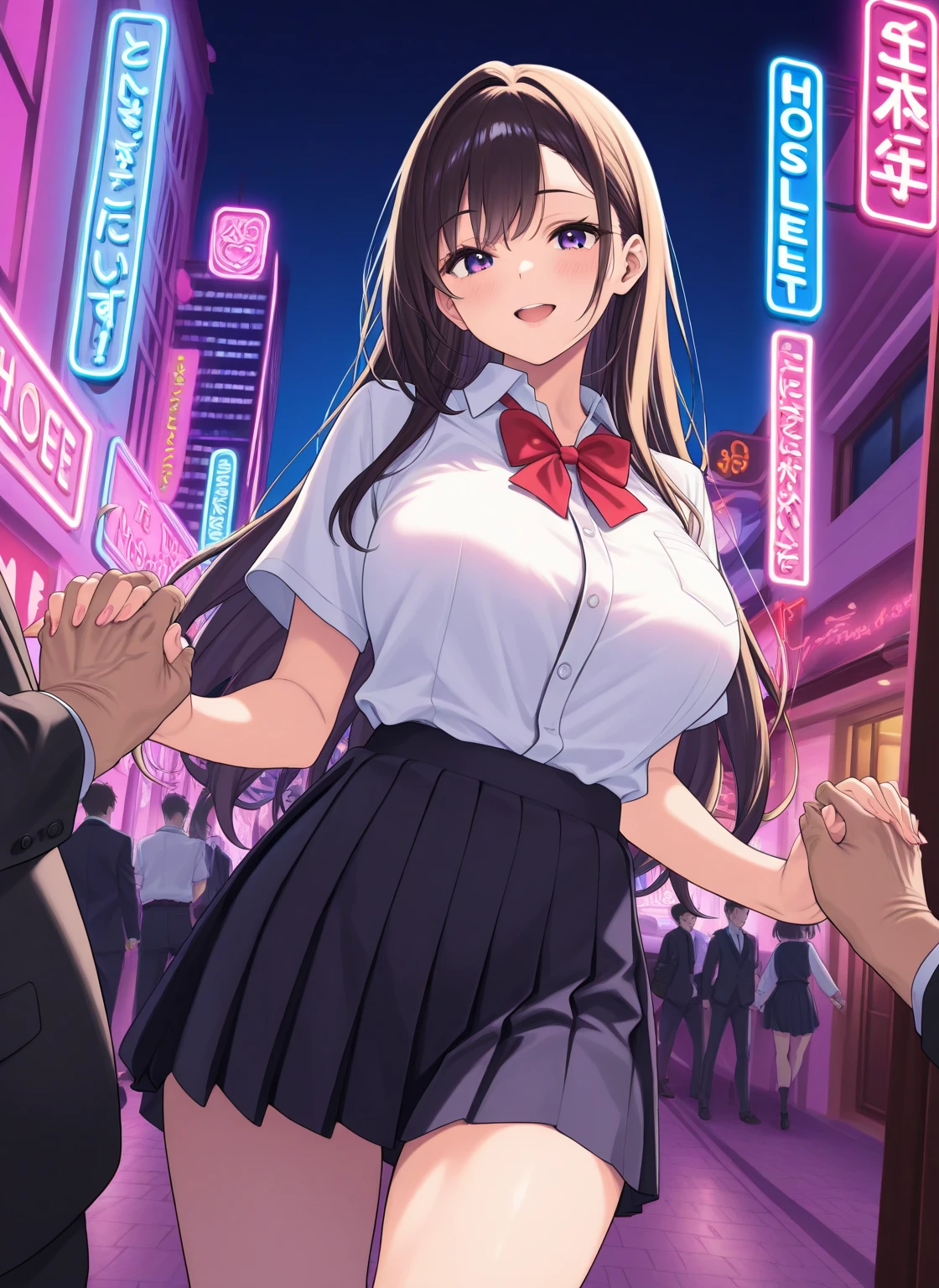 Night Park、high school girl、Mouth open in surprise、Panic look、、Large Breasts、Black bob hair、hairpin、A skirt flipped up by the wind、I quickly grabbed the back of my skirt.、Thin panties、Bystanders near the girl、Angle from directly below、Shoot in the back、Back view、Dildo near the ass