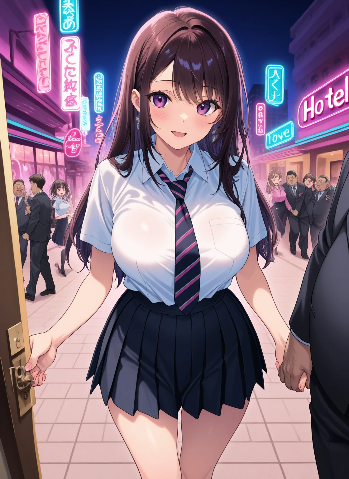 1girl, solo,
nagatoro_hayase, brown eyes, black hair, long hair, dark skin, dark-skinned female, tan, tanlines, hairclip, , white shirt, collared shirt, pleated skirt,cowboy shot, outdoors,old city,night time ,moon, neon lights,best quality, masterpiece,naked,show tits,tongue out