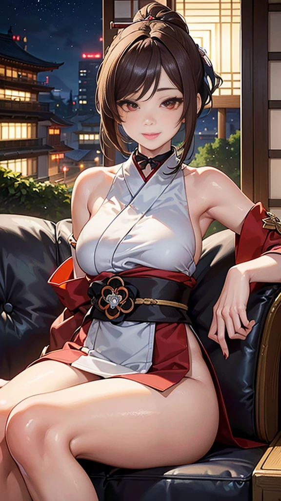 (official art、best quality、Unity 8K Wallpaper、32k、masterpiece、Super detailed、ultra high resolution、actual、Realism:1.2)、(light:1.2)、fire glow effect、film particles、best shadow、edge lighting、side lights、(Super detailed且复杂的 3D 渲染)、精致beautiful face庞,blue eyes,reddish brown hair,medium breasts, Perfect body、beautiful face、a beautiful girl、(Super delicate skin、Detailed skin texture:1.3, blush:1.2)、see whole body, Anime CG style, (( Japanese low-cut kimono,Fold skirt,Black tights)), Smile, Sitting sideways and soaking in hot spring, (wind blows hair,bare shoulders、exposing her chest、Black tights) , It snows at night
