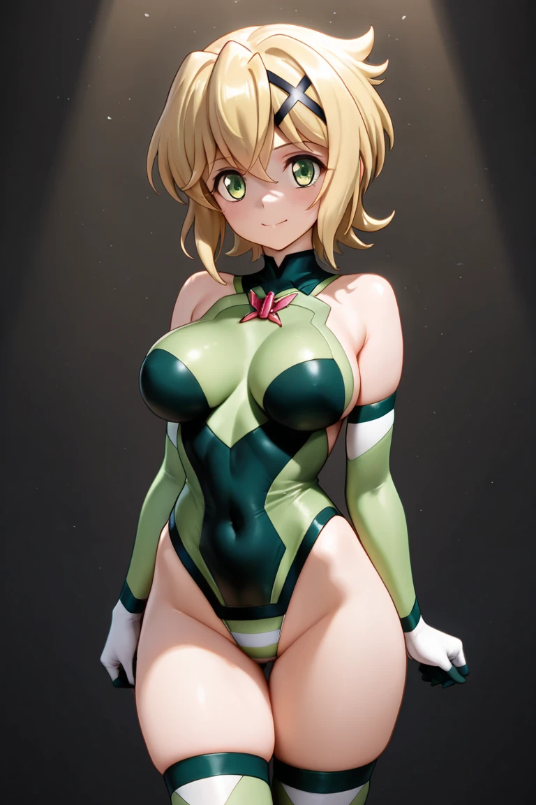 Shot from below、Standing with your legs apart、Standing with feet shoulder-width apart、Cute girl、highest quality、Ultra - High resolution、High resolution、Highly detailed CG、8k unit wallpaper、18-year-old、Careful and gentle eyes,Delicate and beautiful smile、Platinum Blonde Hair、Asymmetrical Hair、((( Dark Skin:1.5)))、(Shiny body,:1.5)、rabbit ears、(((loose socks、big breasts))) 、(Orange motocross jacket with green details, Biker clothes. Detailed design、Skin-colored bikini)Double Peace 、2.5D、My girlfriend、Grab the bikini strings with your hands