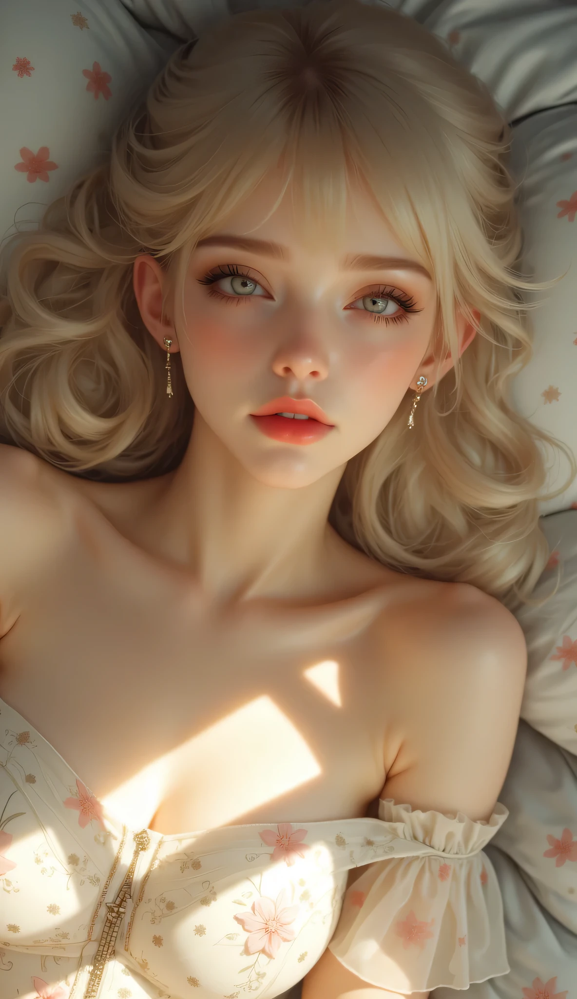 Photo of a 17-year-old European girl, raw, Beautiful woman, (Extra long wavy blonde hair), ((Portrait)), ((Detailed face:1.2)), ((detailed facial features)), (finely detailed skin), pale skin, Naked, Wrapped in a sheet, Bedroom environment, lying on bed, (cold color), moist, moist, Reflectors, (masutepiece) (perfectly proportions)(photos realistic)(Best Quality) (Detailed) photographed in a Canon EOS R5, 50mm Lens, F/2.8, nffsw, (8K) (Wallpaper) (Cinematic lighting) (Dramatic Lighting) (Sharp Focus) (Convoluted) Fashion, From above