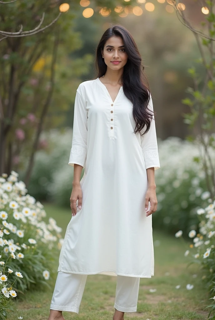 One woman of about 20 years old, black long hair, body measurement 36-25-36, height 5'7", big breasts, Hazel eyes, wearing white kurta, blue jeans, balcony, luxury house, close up, smiling, candid, Full Body full height Shooting, Masterpiece, mobile Photography, daylight, 8k, Top Quality, Photorealistic, Ultra Detailed, (high skin detail:1.2), sharp focus, candid capture