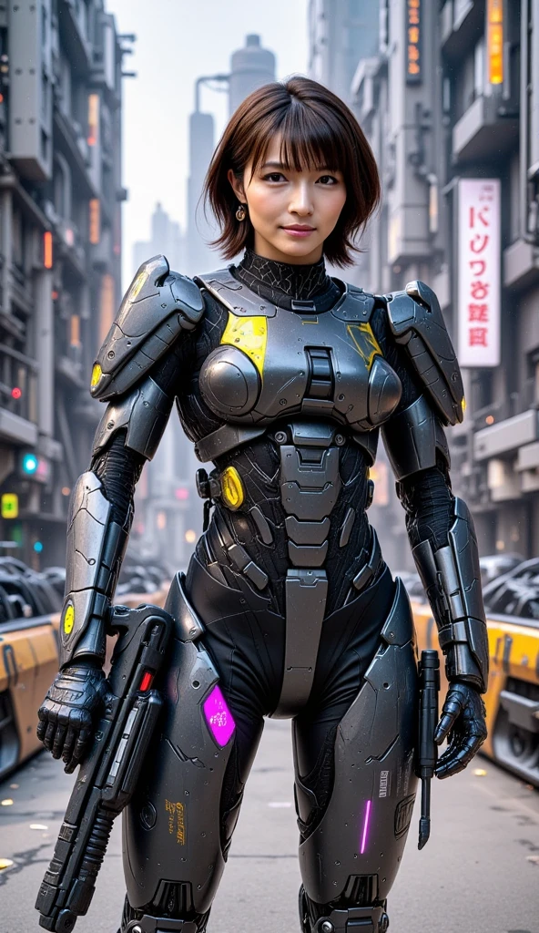 beautiful detail, best quality, 8k, highly detailed face and skin texture, high resolution, beautiful huge booty short hair asian girl in cyber bikini armor stand on street in city, full body, looking at viewer, back view, sharp focus