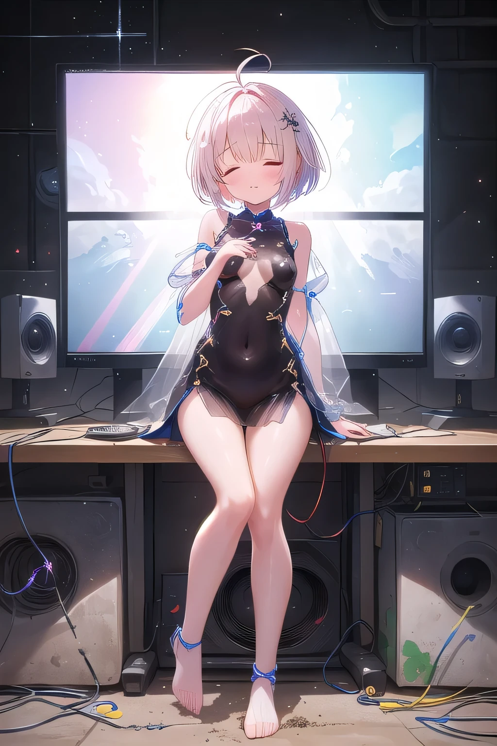 Silver wolf honkai stair rail, silver hair, silver eyes, futuristic room, gamer television, gamer pc, pink gum, exposed body, small breasts, small thighs, neon lights, small silver pubic hair, nude, nsfw, (best quality,4k,highres,masterpiece), artistic style,subdued colors, vivid colors, professional lighting, detailed eyes.