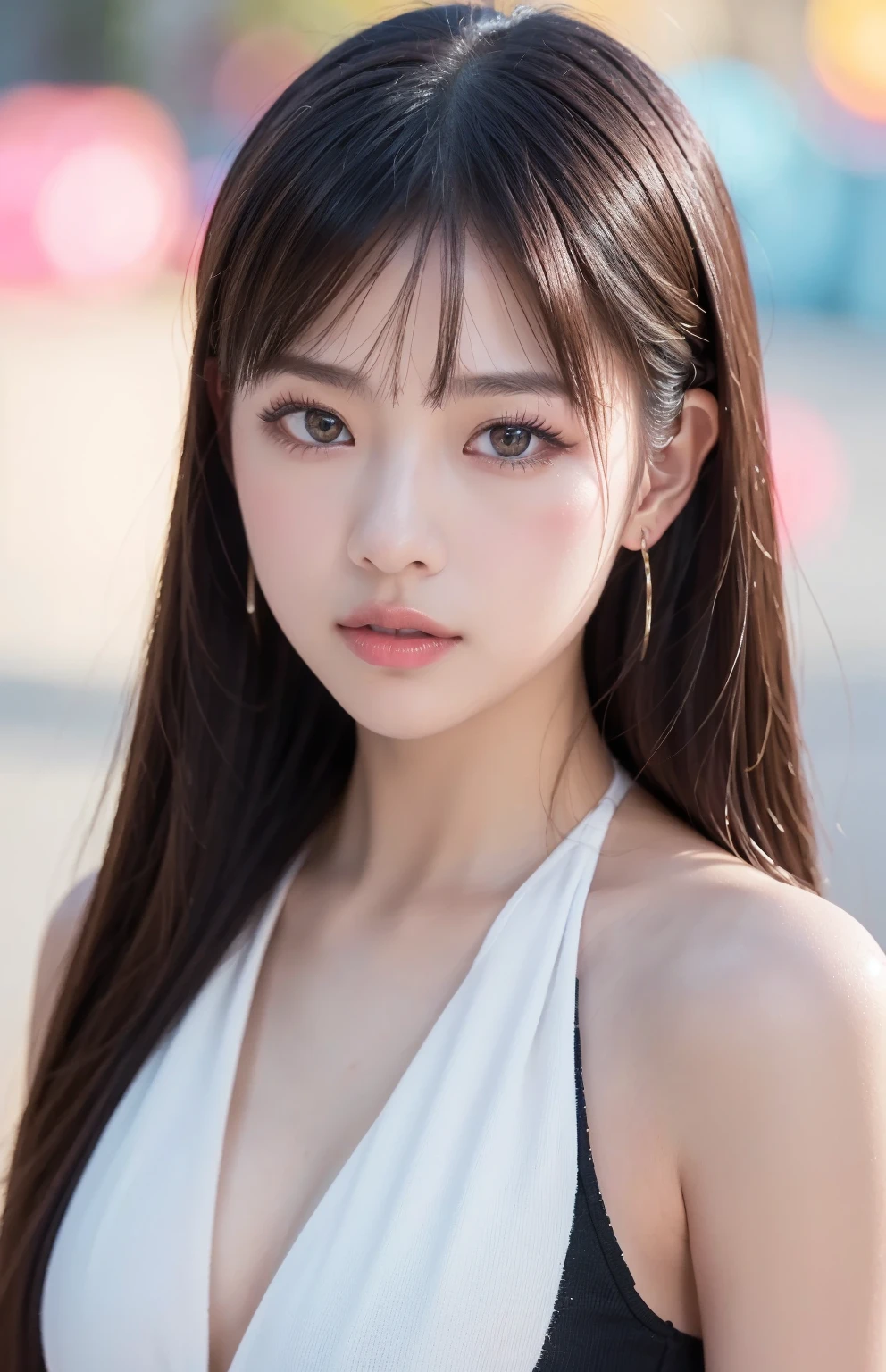 (best quality, 8k, 32k, masterpiece, UHD:1.2), ultra high resolution, (pretty a Korean early teen girl), 13 years old, portrait, beautiful detailed eyes, dark make up, semi long brown fluffy hair, bangs, (wearing purple tank-top), large breasts, cleavage, (crowded city boulevard on a bright sunny day:1.3), (detailed background:1.5)