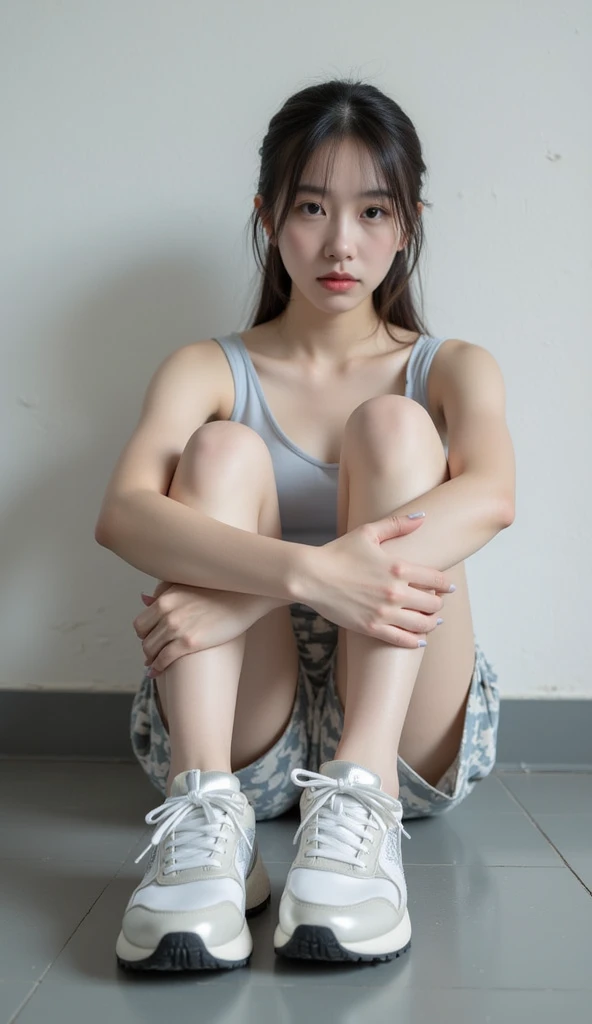 a japanese female streetfighter is beated down in the backstreet. A bloodied and bruised female fighter sits with her legs spread. She is cornered against the wall and has a lot of punches from the male fighter. she has lost. the will to fight. she has big pain. she is crying. she is damaged terribry. Short-cut black hair, out of breath, drooling from mouth, one eye is closed, exhausted, drenched in sweat. ????? nipples, open finger glove, Whittled waistline, muscular, six-pack abs, Ragged tanktop and denim shorts.