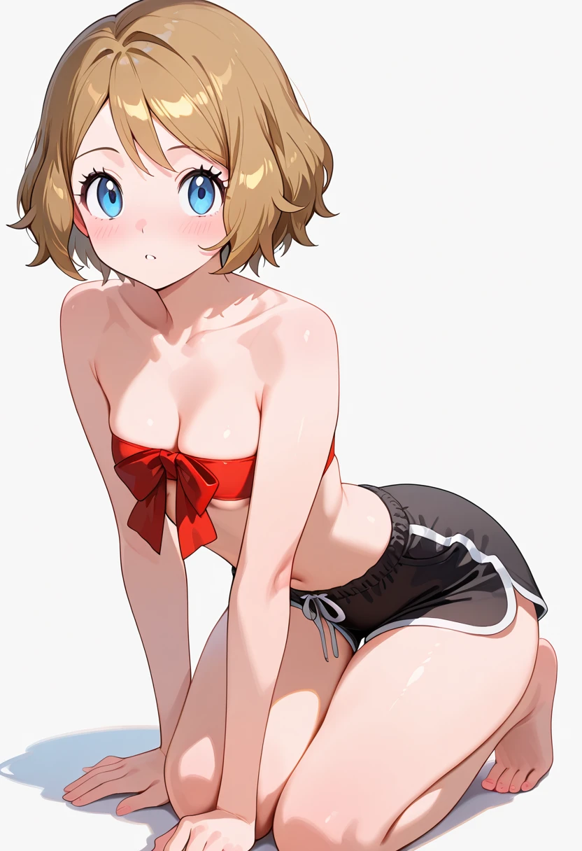 masterpiece, best quality, (Medicine Melancholy:1),1girl, blonde hair, short hair,ribbon,blue eyes,bow,grey background, huge breasts, large breasts, evil grin, looking at viewer, thick eyelashes, red, seductive smile,, heart-shaped pupils, micro bikini, sexy, girl, wide hips, sexy, beautiful, gorgeous, voluptuous, (thigh high socks), beautiful face, (((arms up))), (((hands on her head))), bikini, seminude, extreme beauty, {{{Masterpiece}}}, {{{detailed}}} {{{high Resolution}}}, colorful, {{{cinematic lighting}}}, {{detailed}}, 4K, Touhou, Medicine Melancholy, --auto