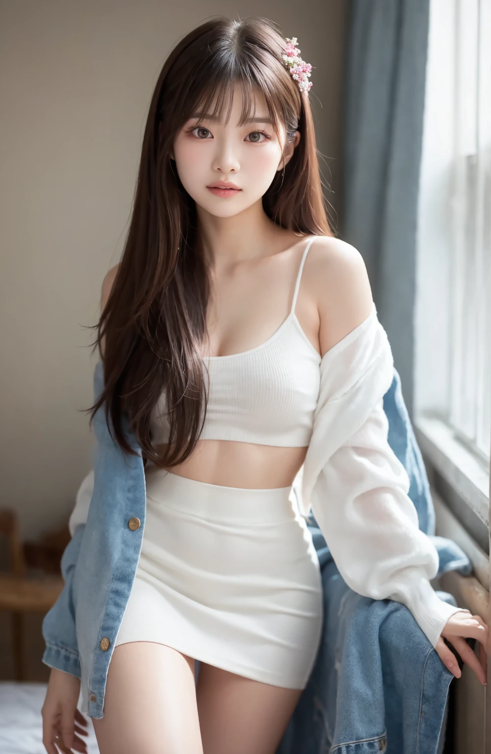 best quality, masterpiece, beautiful and aesthetic, 16K, (HDR:1.4), high contrast, bokeh:1.2, lens flare, (vibrant color:1.4), (muted colors, dim colors, soothing tones:0), cinematic lighting, ambient lighting, sidelighting, Exquisite details and textures, cinematic shot, Warm tone, (Bright and intense:1.2), wide shot, by playai, ultra realistic illustration, siena natural ratio, anime style, low angle view, long Wave black hair, (a seductive look:1.4), pink fur trimmed jacket, crop top, denim shorts, a beautiful Russian girl, symmetrical face with flirty gaze and soft smile, long black boots, Miki Asai Macro photography, close-up, hyper detailed, trending on artstation, sharp focus, studio photo, intricate details, highly detailed, by greg rutkowski,