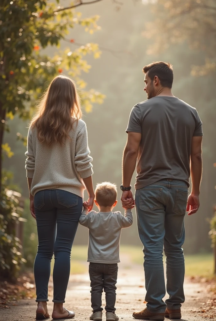 a young family is posing for a picture in the park, husband wife and son, happy family, family friendly, masterpiece!!!, masterpiece!, portrait of family of three, family photo, of a family standing in a park, profile pic, happy people, mixed art, family, easy, masterpiece!!, a picture, photoshoot, family portrait, comfortable, masterpiece!!!!