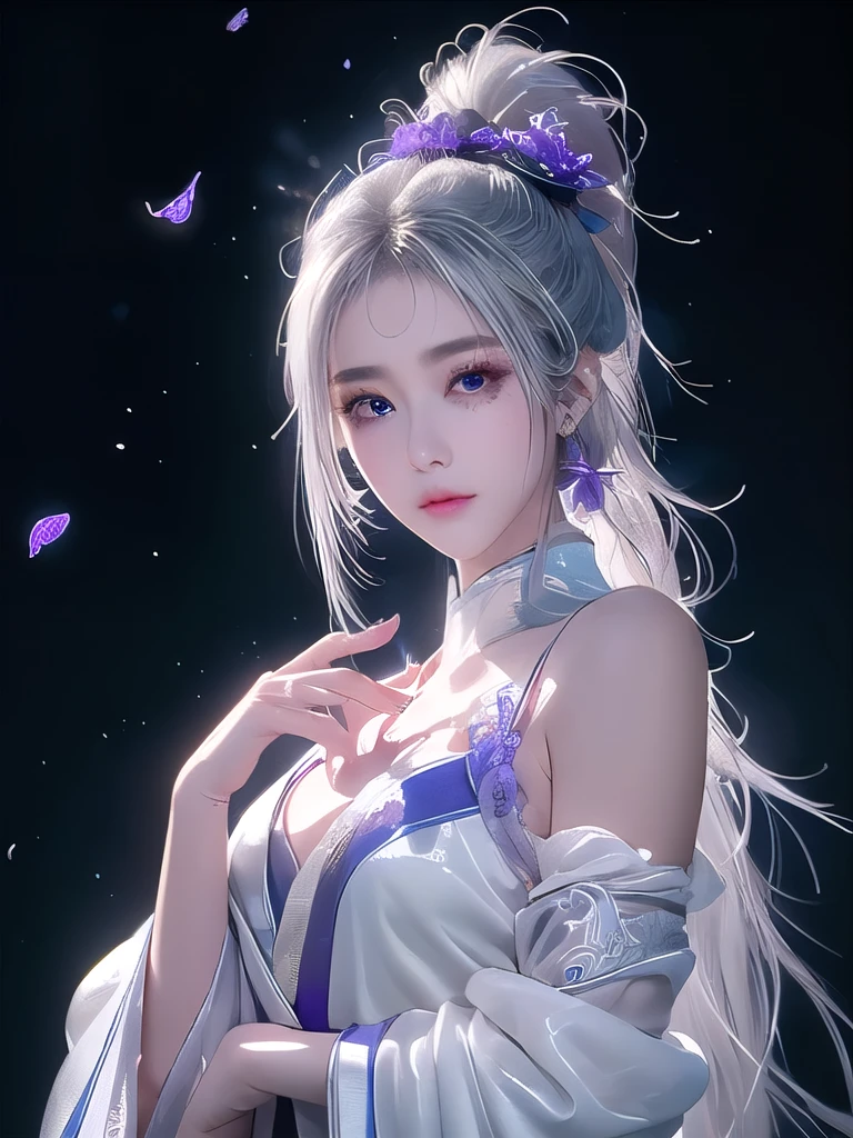(masterpiece, top quality, 1 female, solo, exquisite details, chromatic aberration), (realistic), (skin), ((breathing)), (silver hair, blunt bangs, cropped straight long hair, short bangs, silver hair), beautiful hair, red headdress, highlights, hair on one eye, beautiful eyes, purple eyes, thick lips, earrings, piercing eyes, ((gold and white kimono)), ((symmetrical eyes)), ((perfectly symmetrical body)), ((perfectly symmetrical hands)), (purerosface_v1:0.3), full moon night, ((self, natural light))), bright lighting, flowers blooming in the background, in front of the viewer, ((central shot, from the front, (face and shoulders))), mysterious atmosphere, colorful flowers blooming around, light colored background, fortune teller in kimono, beautiful fortune teller, fortune teller, Fantasy female fortune teller, female fortune teller, fantasy photography, Japanese style, fortune teller in kimono, elegant cinematic fantasy art, fantasy woman, magician portrait, fortune teller, powerful wizard surrounded by mystical colorful flowers, holding a glowing heart crystal ball, eyes glowing with mystical energy, spells leaking from her mouth, vivid swirls of sorcery pulsating with iridescent hues appear in the air, magic permeates, flowers bloom, sacred creatures gaze in awe, threads of magical energy dance, reveal hidden realms, unravel secrets, capture the essence of this enchanting moment and bring to life the mysterious power of sorcery on a canvas of the highest quality and finest detail. Top Quality, Masterpiece, Ultra High Resolution, (Photorealistic: 1.4), RAW Photo, Sharp Focus, High Resolution, Detailed Skin.