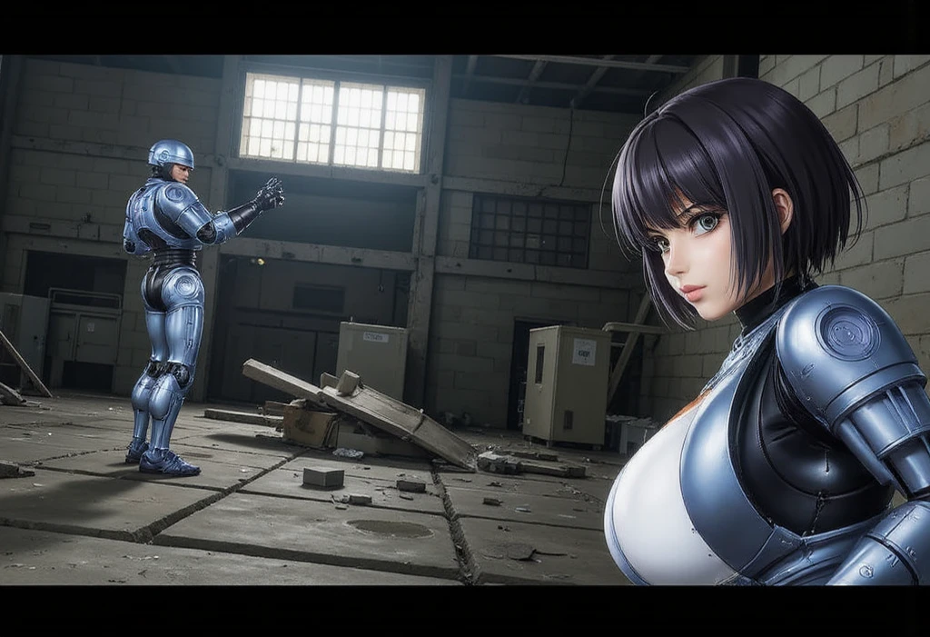 araffes in a purple dress is fighting a robot in a warehouse, movie still of cyborg, wearing atsuko kudo latex outfit, inspired by Charles Mahoney, white biomechanical details, still image from the movie, posing for a fight --ar 16:9 --auto --s2