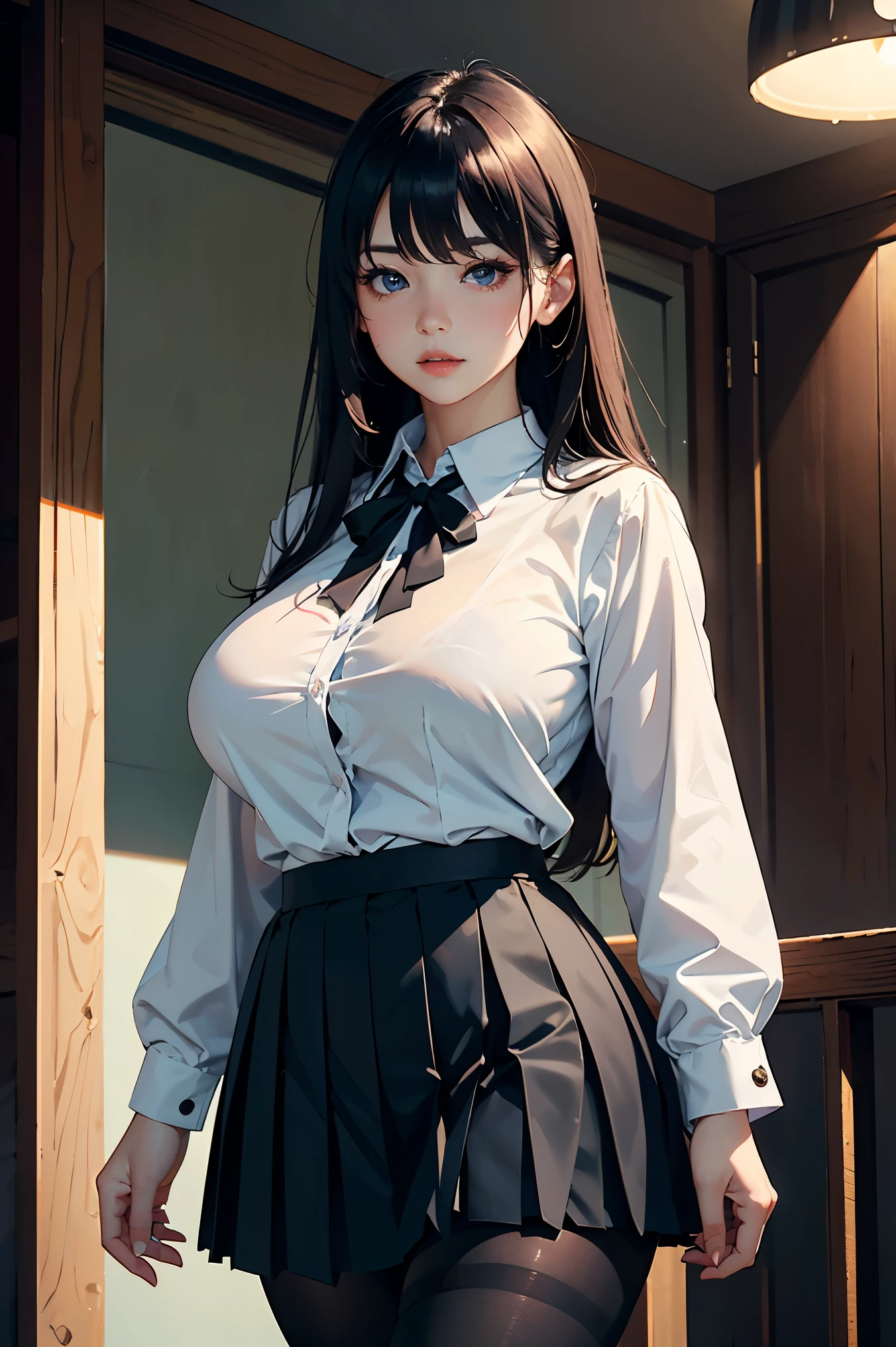 absurdres, RAW photo, extremely delicate and beautiful, masterpiece, Best Quality, ultra high resolution, 32k, hyperrealistic, ultra-detailed, in her 20s, delicate facial features, tearful mole, earring, medium breasts, full body shot, shorter middle hair, black hair, skirt, button up shirt,