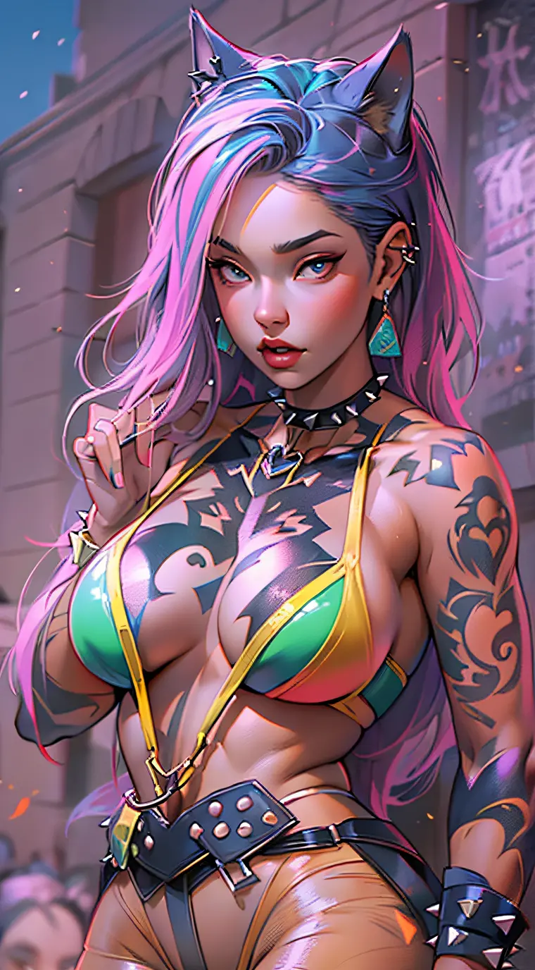 detailed anime style,beautiful and stunning artwork, shimmering shadows, strong colors, nudity, backsight of a woman, fox tail plug, back and arms covered by tattoos, darker skin tone, white hair, olive eyes, japanese, white hat, standing in in a hidden street, sunglasses, backsight, not looking at camera, fit body, pink pussy, pink and pinky nipple
