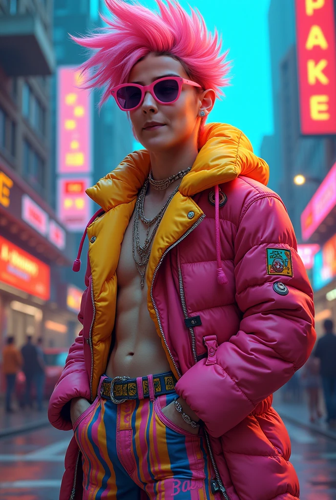 Handsome 25-year-old boy with a rainbow jacket,t-shirt pink, rainbow hair ,thin cut body ,1,83 metro de altura
