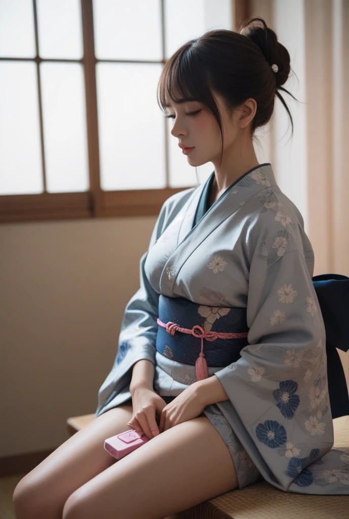 ((highest quality)), ((masterpiece)), (detailed), Perfect Face、hand between legs、wearing a Japanese kimono、The length is just 30cm above the knee、Panties are visible、