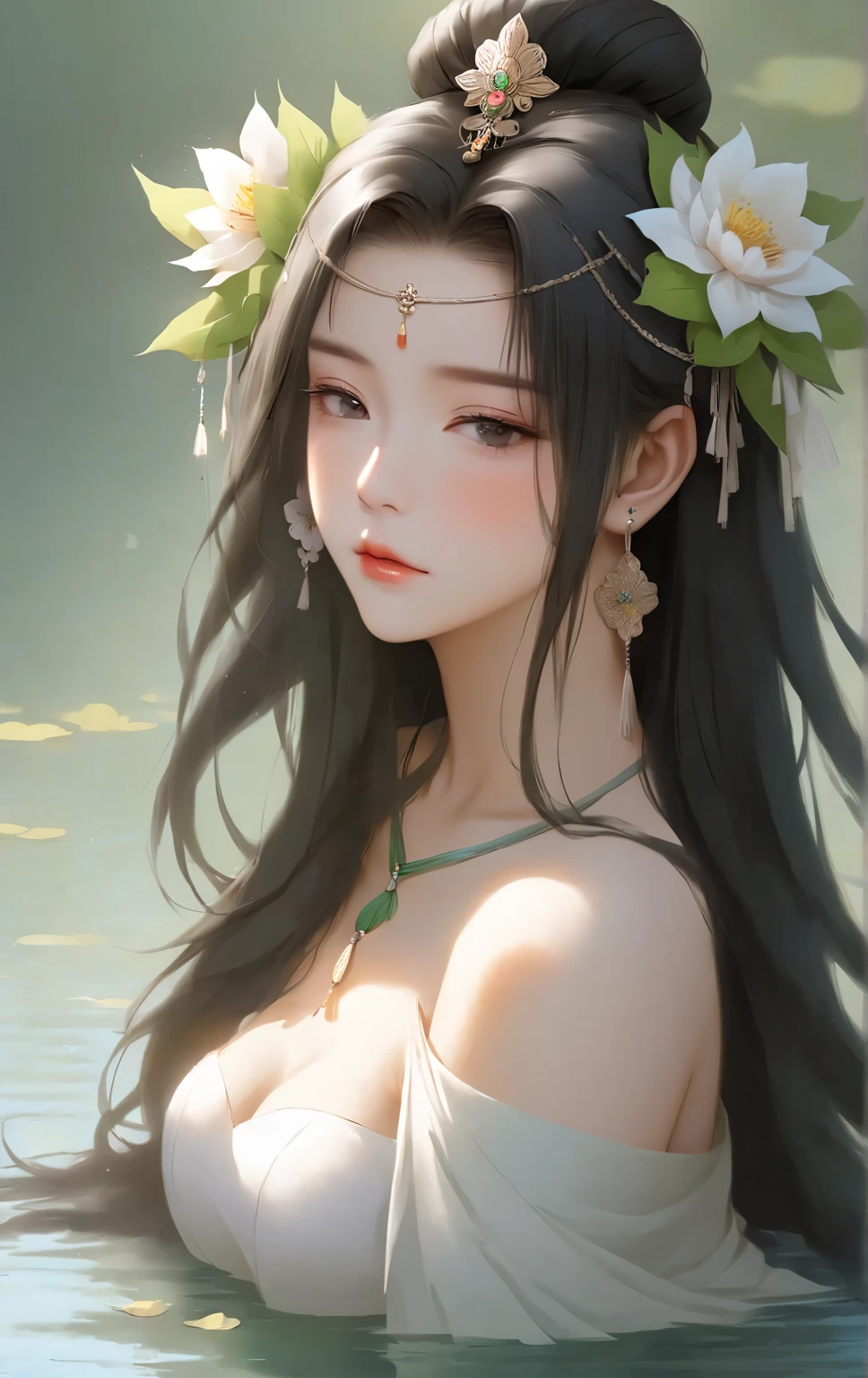 (best quality, realistic), beautiful round eyes, long eyelashes, lips as red as cherries, long flowing black hair like a waterfall, bright green eyes sparkling like gems. Ancient Greek costume, wearing a tassel on the head, not exposed, young girls innocent and lovely, Asian girls.