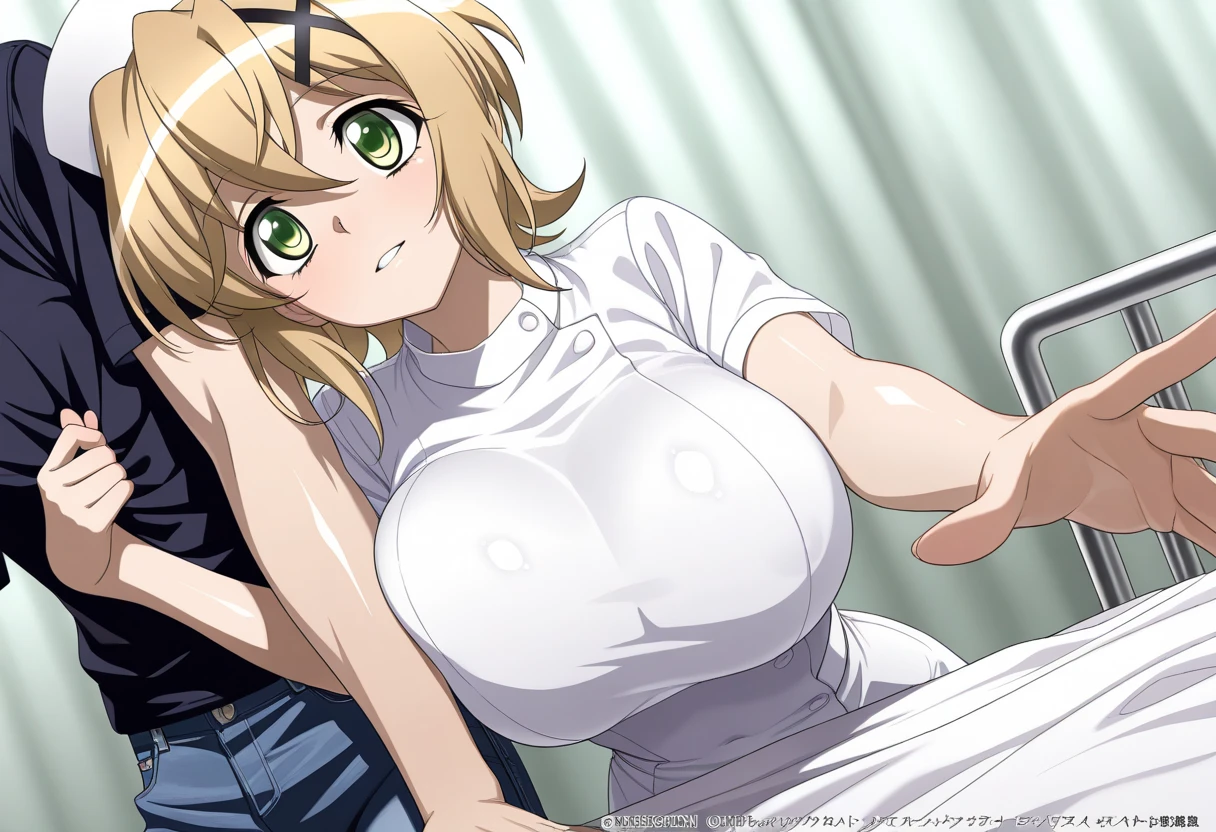 (Best Quality, masterpiece, High resolution, anime screen cap, anime colours), Orange hair, Nobara Kugisaki, Embarrassed look:1.3, (large full breasts:1.5), cleavage, (Thin fabric, White tank top:1.8, no-bra:1.5), Slimed, Lower your arms, squeezing breasts:1.5, Leaning forward, Upper body, Bedrooms, (Perfect Anatomy, perfect detailed body, Eyes and hair in beautiful detail, Beautiful breasts and skin),