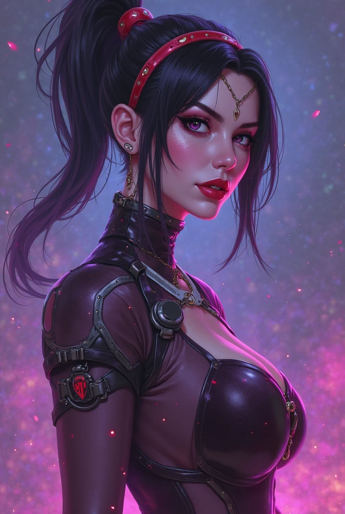 (masterpiece,best quality,ultra detailed,4k portrait:1.5),Punchline,She is wearing a black and purple bodysuit, dressed like a clown, dark Asian hair in a ponytail, stylish costume in cold colors, flexible body, full body shot.