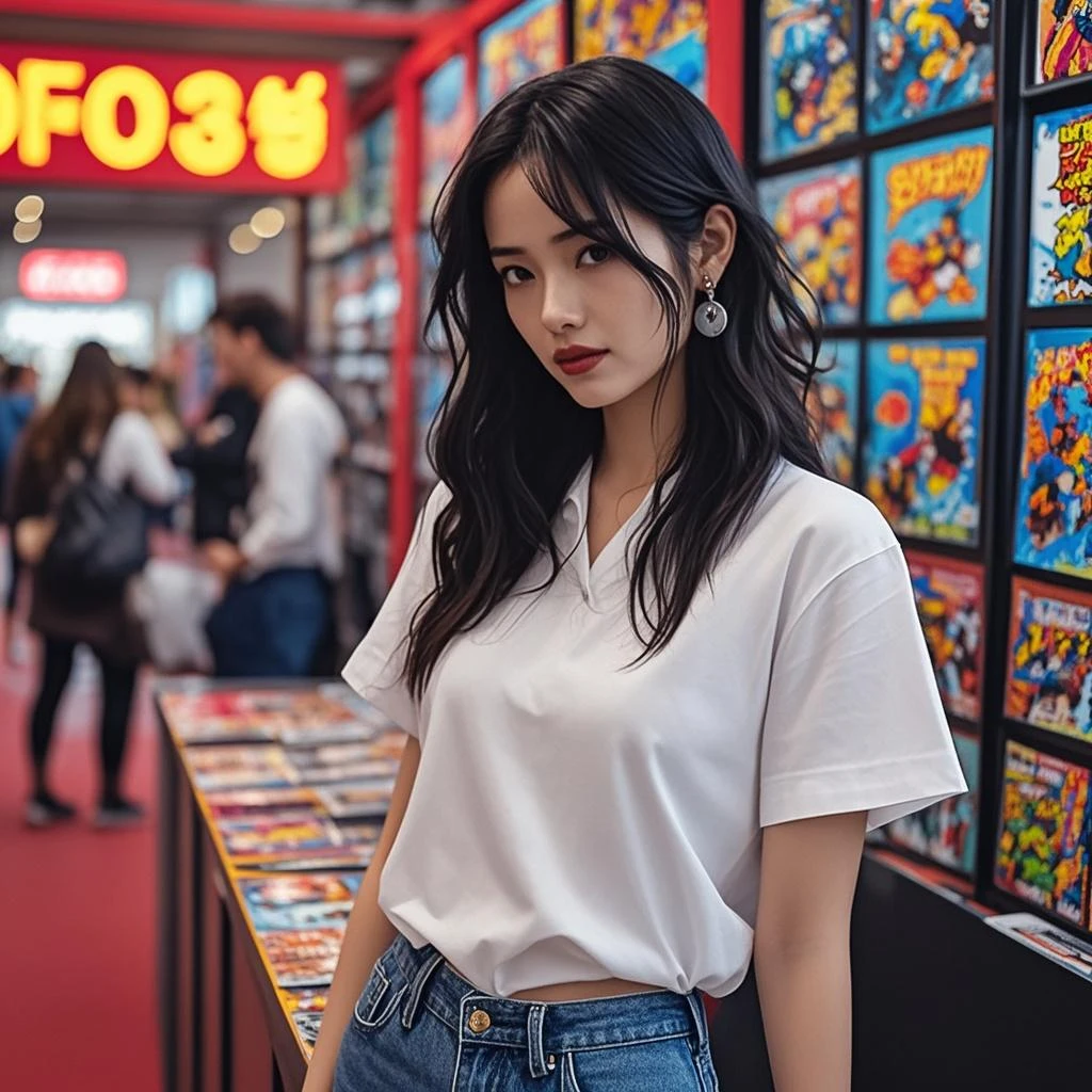 hyper realistic Kobo kanaeru, wearing a blue t-shirt, shorts, looking at the camera, cute style, shopping at the mall