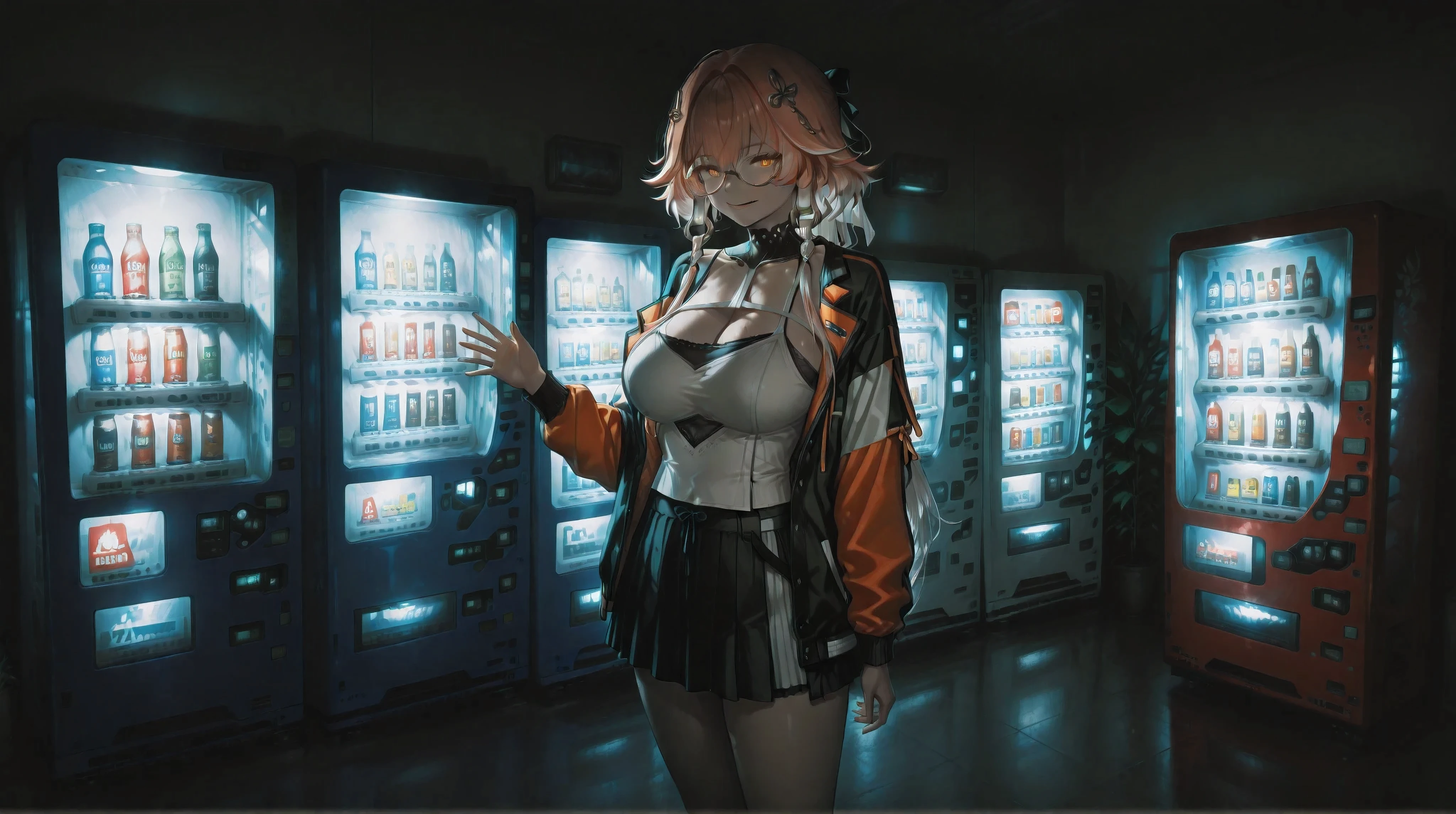 (NSFW:1.1), A Realistic image, extremely sharp focus, crisp details, high resolution, low light, cinematic, fashion photography, 4K, 8K. (correct anatomy and detailed hand). A wide angle shot, side view, a detailed, high quality rendering of changli(wuwa) from Wuthering Waves. She wears beautiful, detailed round eyeglasses, she wears a camisole, varsity jacket and miniskirt. She has a beautiful large breasts. She has a beautiful face details, a beautiful detailed orange eyes, streaked hair, detailed hands, five fingers and a real human skin, her expression is happy and she looks at the viewer. At Store, She's standing in front of a vending machine. There's only one huge vending machine in the room, the room is decorated with so many plants, the room was dimly lit, dramatic cool soft light shines from the vending machine casting soft natural shadows, the only light comes from the vending machine, cold color pallete. the background has highest detail, detailed background and depth of field.