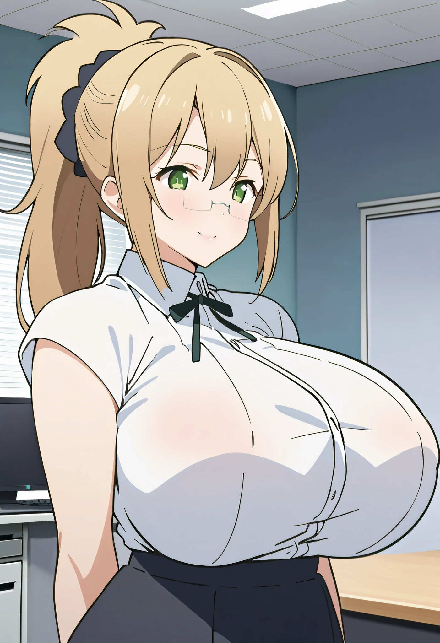sitting at office desk, sarielx, god rays, (white office shirt), (red bowtie), black short pants, (office room background), anime cels style, best quality, high resolution, 1girl, (huge breasts:1.2), beautiful face, cowboy shot, heterochromia, braided ponytail, braided bangs, smiling, looking at viewer