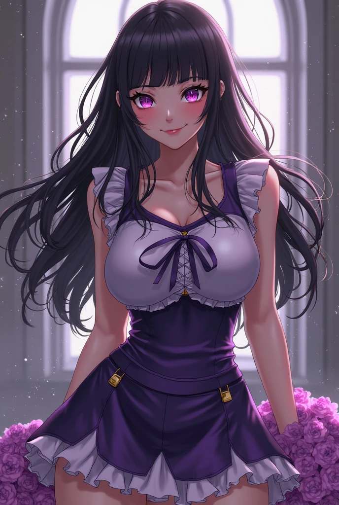 ((masterpiece, best quality, 4k)), 1girl, perfect body, Komi Shouko, panty peek, huge breasts, purple eyes, long purple hair, gyaru, arms behind back, manga, ((pink micro skirt)), chromic aberration, detailed illustration, seductive pose, leaning forward, nervous, cleavage, tie top, pink bow tie, indoors, pink flowers, (thick lips), pink bedroom background, plant, window, light particles, (cute face), thick thighs, realistic, from below, leopard print,