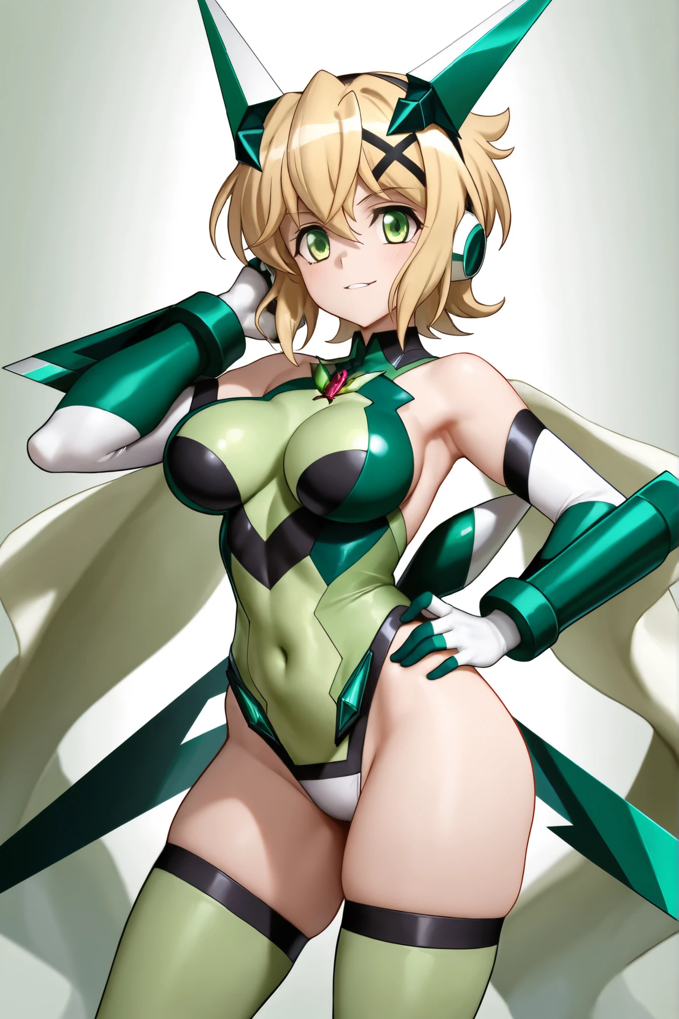 Erotic、Symphogear Akatsuki、Blonde、Big Breasts、Green latex leotard with tights and off-the-shoulder turtleneck、Pink love hotel with dim lights、smile、Lightly open your mouth、Evil female executive、adult、Married Woman、slouch、Angle from below