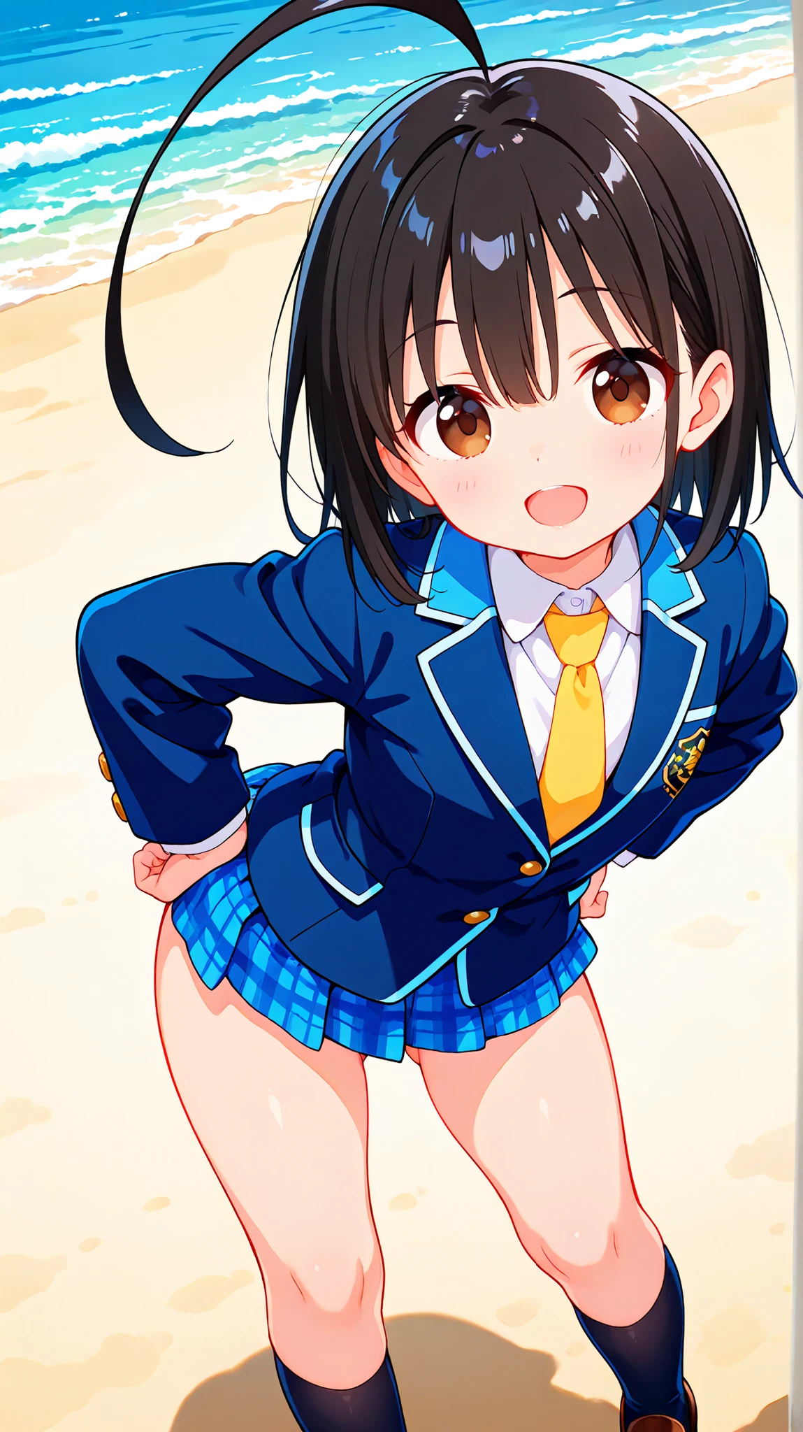 nsfw,((anime style)),score_9, score_8_up, score_7_up,masterpiece, best quality,ultra detail,(((beach))),huge ahoge, negishi masako , 1girl , ((solo)),short hair,black hair ,long bangs,brown eyes,(Flat Chest),school uniform,(((blue blazer))),light blue checkered Pleated mini skirt,((((((mini skirt)))))), Yellow necktie,standing,(((black sox))),((brown loafers)),((ass visible through thighs)),((A glimpse of her thin thighs)) ,hands on hip,(((contrapposto))),(((open legs))),((open mouth smile)),((cute face)),