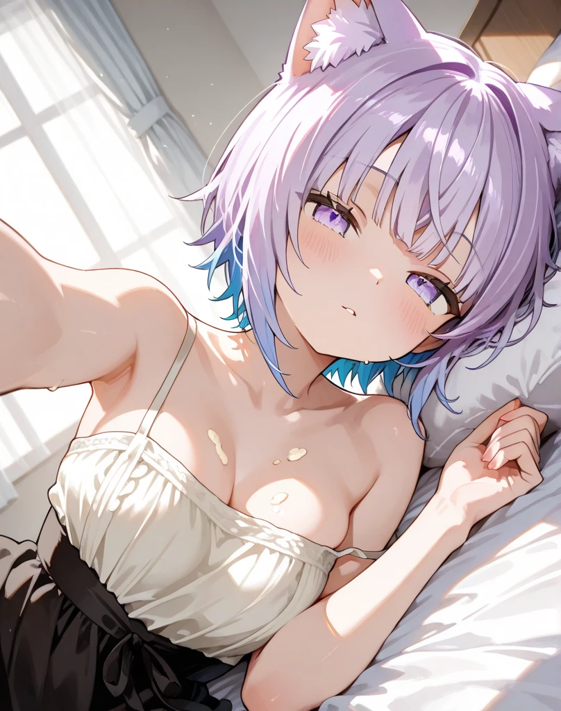 This is a Japanese hot spring inn.、Late Night、A 27-year-old woman with small breasts is sleeping on her back on a futon.、I will take a picture of her sleeping from directly above.、White medium shorthair with blue-purple mesh、Pure white and loose lob hair、eyes closed、She is sleeping with a white bath towel wrapped around her.、Small breastodest chest、A sleeping face that looks comfortable、High quality、High Detail、high resolution、4K quality、drawn by Japanese ilastrator