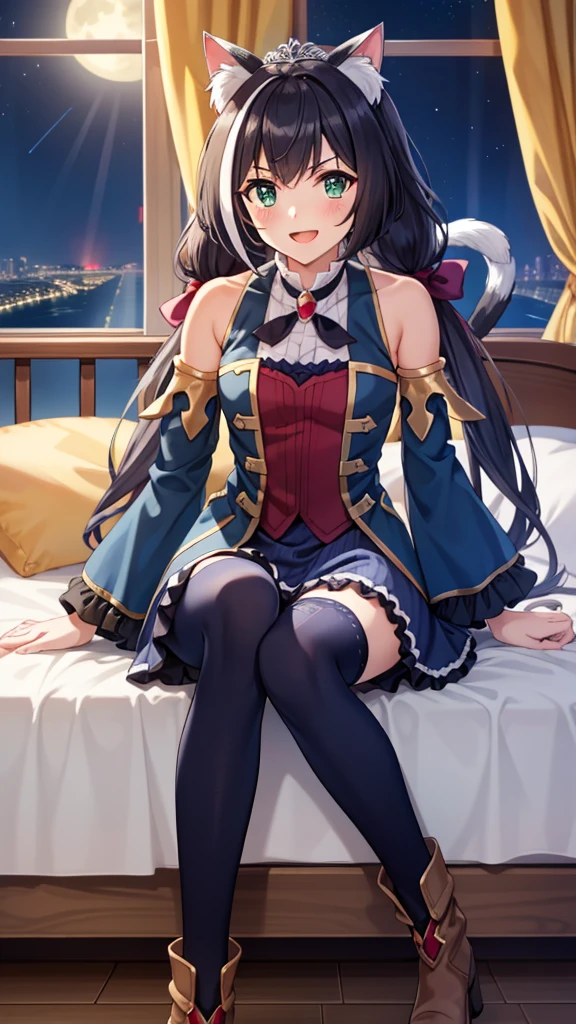score_9, score_8_up, score_7_up, score_6_up, score_5_up, score_4_up, source_anime, Ishtar of FateGO, long hair, black hair, ribbon, hair ribbon, two side up, red eyes, parted bangs, crown, PekoraFuriFuri, detached collar, short black necktie, black dress, short dress, sleeveless dress, center frills, puffy short sleeves, detached sleeves, wrist cuffs, blue skirt, fishnet thighhighs, garter straps, 1girl, divine goddess body with stunning curves, smile, wide hips, big ass, on all fours, spread legs, showing her ass to viewer, looking over the shoulder, The background is on a living room