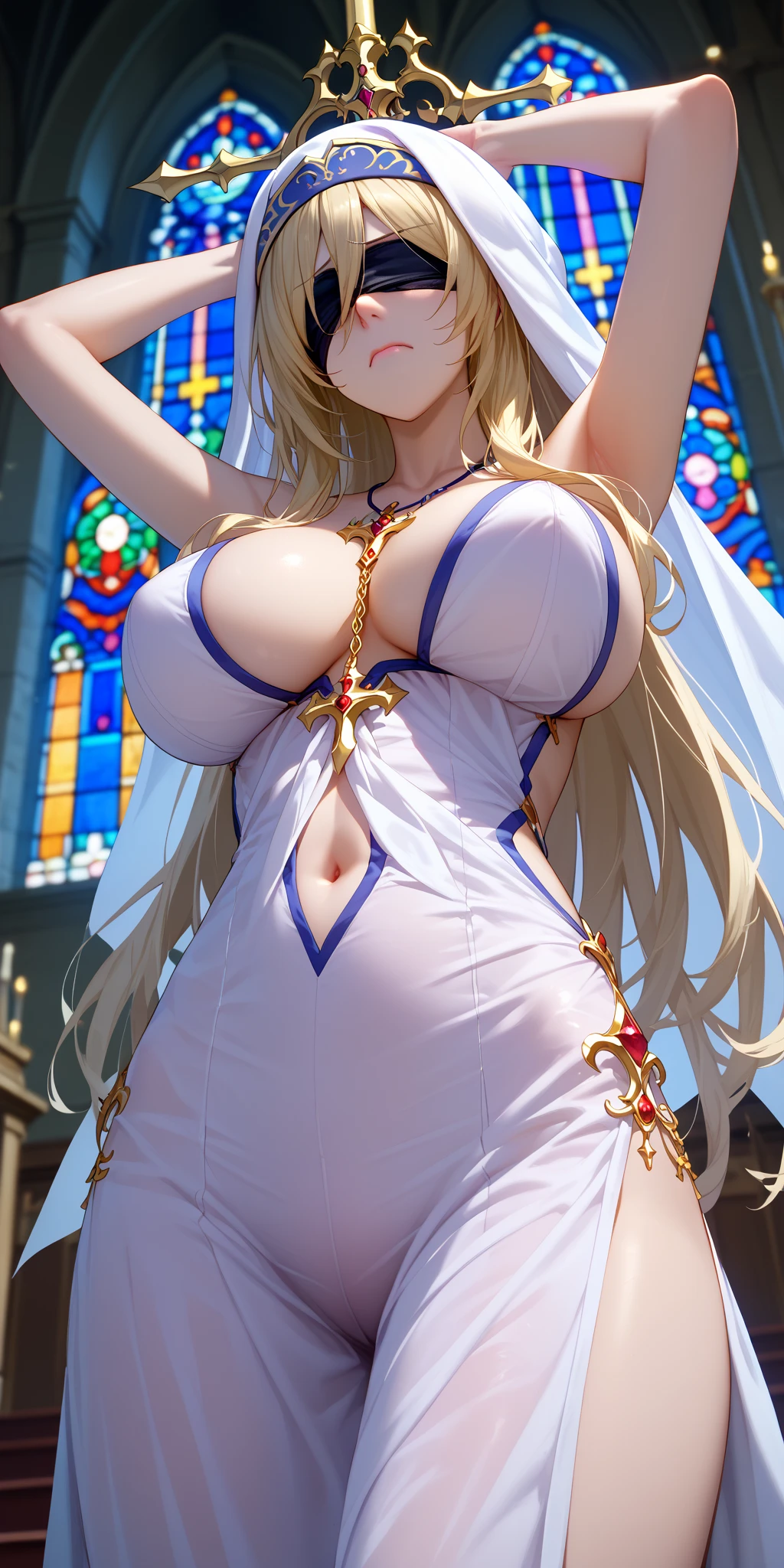 {{{nsfw:1.5}}},{{{Nude}}}Highest quality, nsfw, Tabletop, highest quality, Highly detailed CG Unity 8k wallpaper, Beauty Queen Costume, Long dark blonde wavy hair、Gorgeous Dress、Gorgeous hair ornament、Medium Milk, Puffy nipples、Blushing, Embarrassed laugh, Exposing shoulders、Sexy Hips、High heels、Gorgeous magic wand and book、Church of the castle、Sexy pose、(Poses that accentuate the buttocks)、Up skirt that emphasizes the chest, show the red micro panty,