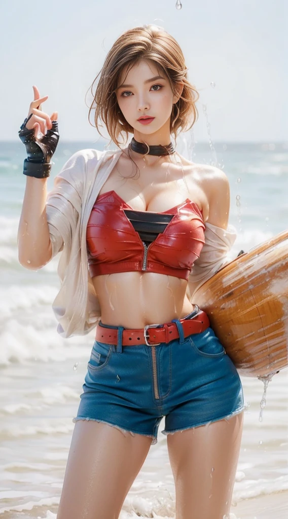 (masterpiece, best quality), 1 girl, perfect body, colorful micro bikini top, jacket, shorts, hairband, necklace, bracelets, walking, beachside streets with elaborate details, afternoon