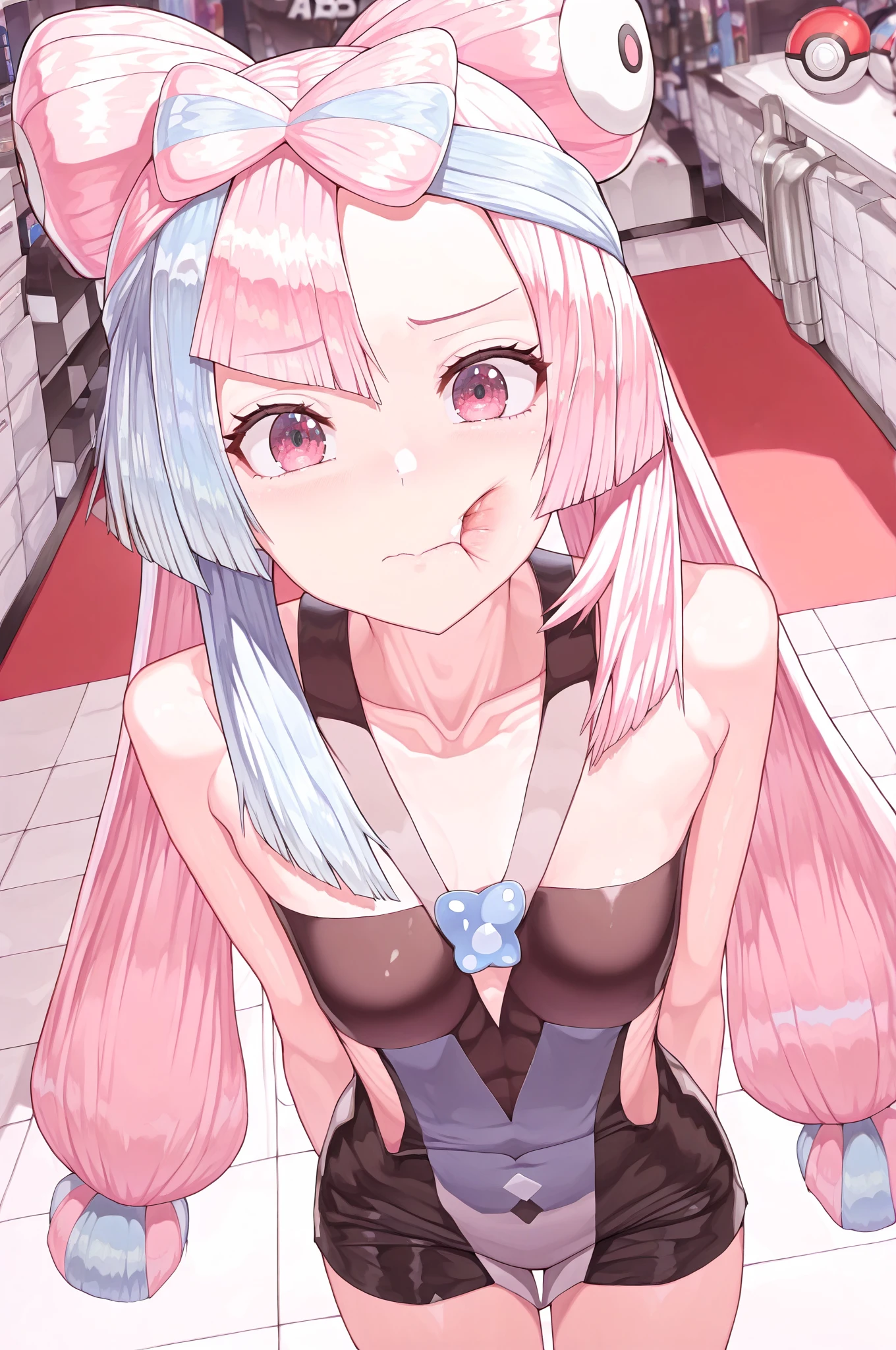 masterpiece,16k,8k,Delicate expression,highest quality,high resolution,High resolution,Sweat,1girl,look at viewer, seductive smile,sweat stains,pink hair,close up face,open mouth,fish eye lens,from above,front face
