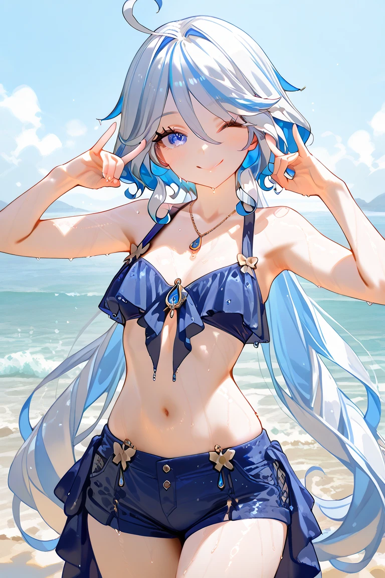 ((massive boob)), cleavage, chubby, belly, big butt, nipple bikini, sweaty, cute face, small face, summer, long hair, pink hair, girl, sweaty, blue ocean, blue sky