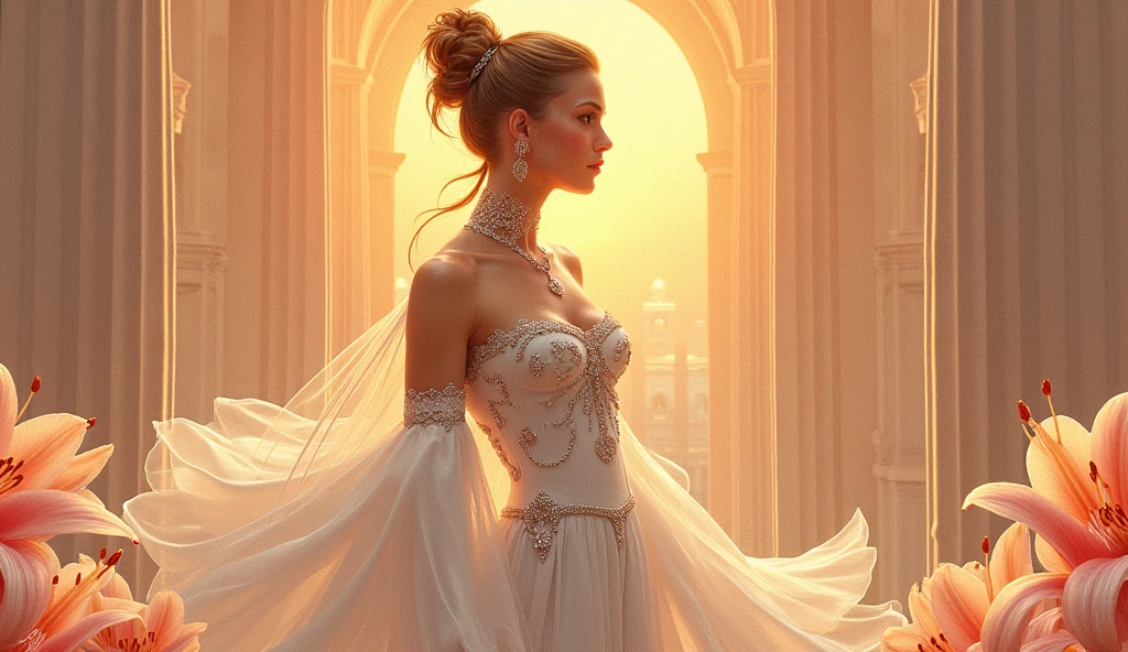 portrait of a beautiful young woman in the style of Philip de Laszlo, Michael Garmash, girl in a ball gown, thin strokes outlining your features, subtle highlights and shadows, soft lighting illuminating her face and dress Art style: realisitic, oil painting color palette: rico, warm tones with hints of gold and deep reds, contrasting with cold blues in the background Lighting: soft, diffuse light falling on woman's face, emphasizing her delicate features and the textures of the dress