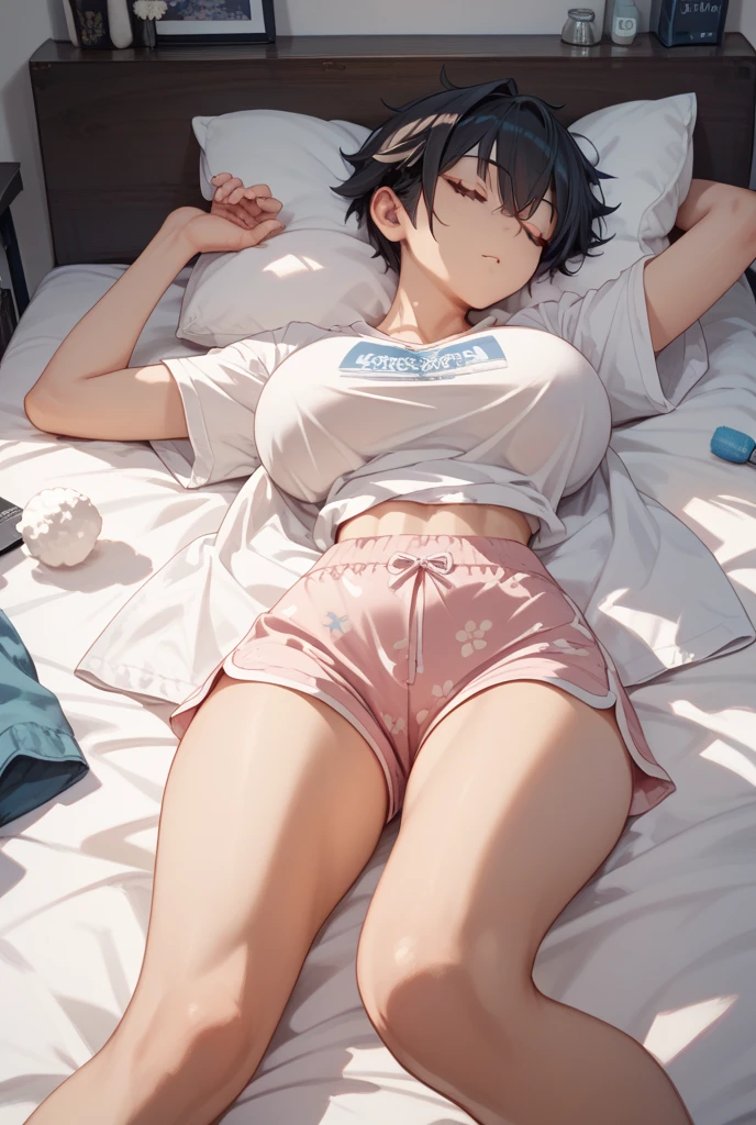 score_9,score_8_up,score_7_up,masterpiece,best quality, source anime, official art, super detailed, extreme detailed, rating_safe,
1girl, lying on tatami, sleeping, spread arms, 
BREAK girl, 22yo, short hair, bob cut, (blunt bangs), black hair, (tareme, detailed cute brown eyes), curled eyelashes, (large breasts:0.9), 
shiny hair, beautiful detailed eyes, beautiful face,
white tank top, cloth lift, navel, denim shorts,  unzipped shorts,
(closed eyes:1.2), wide open mouth,
(indoors), Japanese room, tatami, summer,