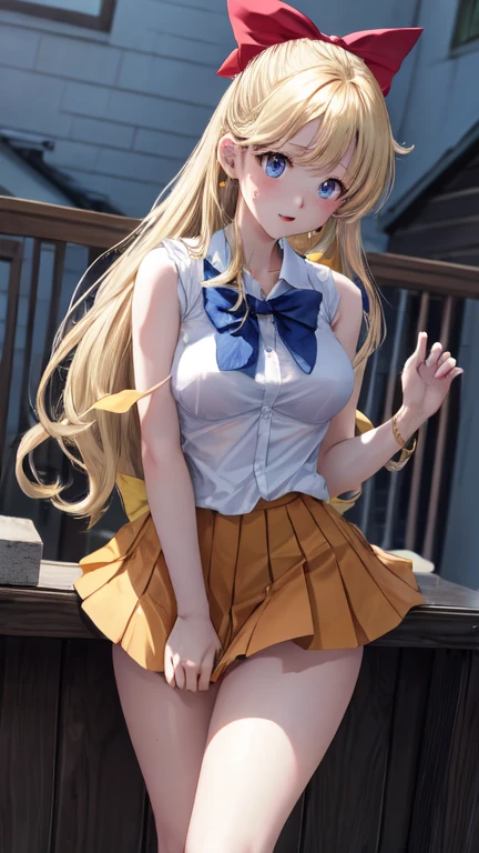 (masterpiece), best quality, expressive eyes, perfect face, (classrom window background), (standing), (smirk), (1girl, dark skin Asian, tan skin asian, dark skin, tan skin, tan, blonde hair, blonde hair asian, curly hairstyle with bangs, hair bangs, green eyes, asian eyes, hourglass figure, skinny body, petite_body, short height, large breasts, huge breasts, oppai, thick legs, long fingernails), ((white sailor uniform top), (navy blue pleated mini skirt), white stockings, black heels),