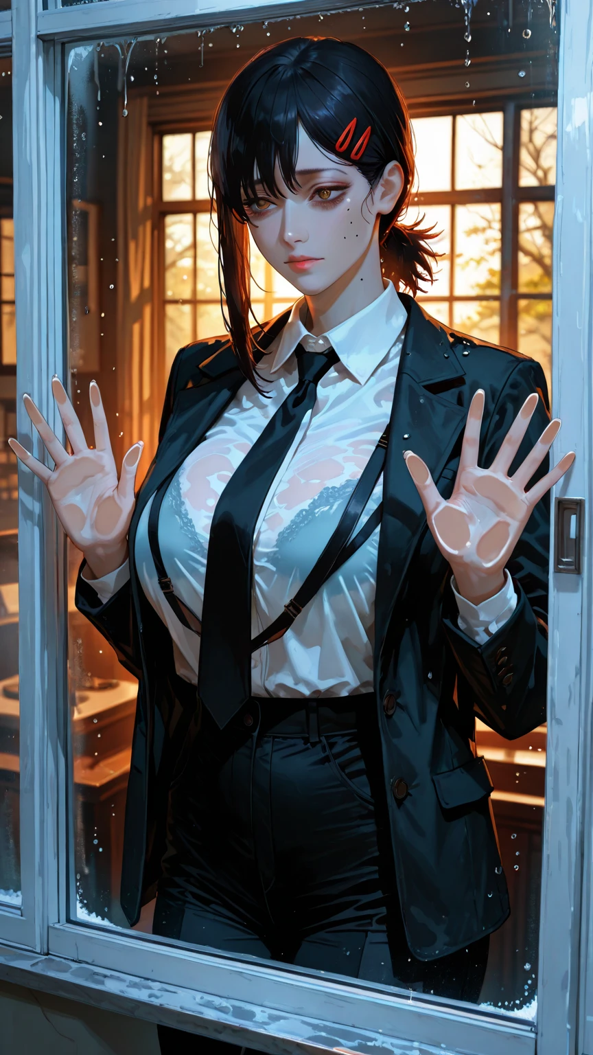Large target, Large target, ((Large Breasts)))Breast sagging、Low-cut(((Cleavage )))、(((Wide hips,)))(((Hourglass figure)))((Long legs))Perfect body, Outstanding style, female doctor, lab coat, emphasize breasts, The arm is behind, Express, estrus face, Bob, Black Hair, Bangs, infirmary