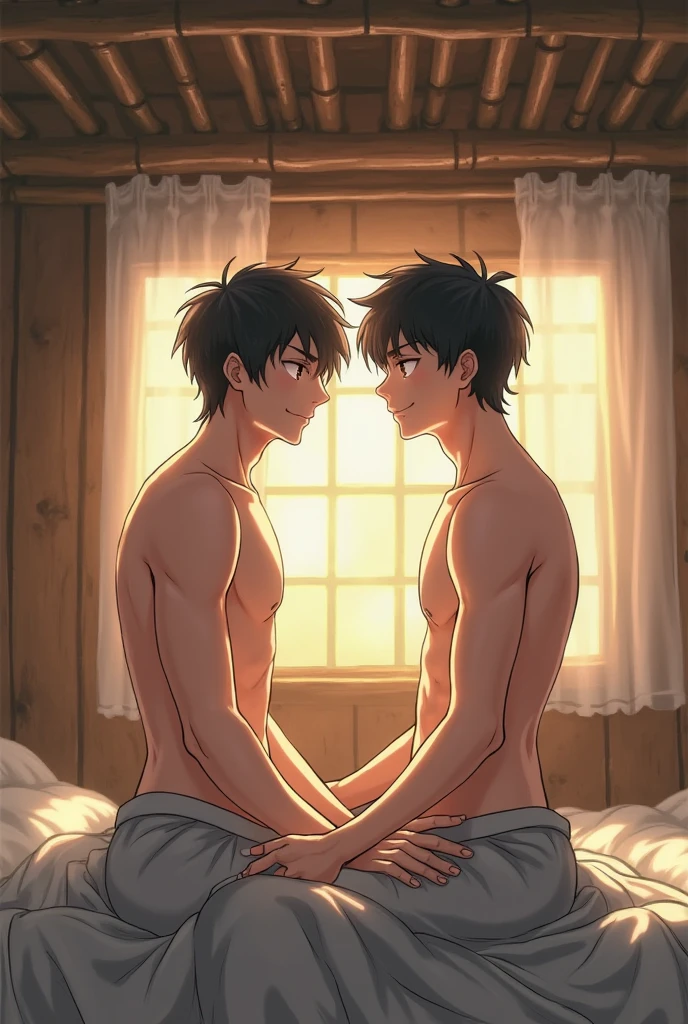(One boy pins another boy against the bed, with fair skin, Wear swimming trunks, No shirt),(Best quality,4K,8K,A high resolution,Masterpiece:1.2),Ultra-detailed,(Realistic,Photorealistic,photo-realistic:1.37),illustration,Playful mood,Vibrant colors,Soft lighting