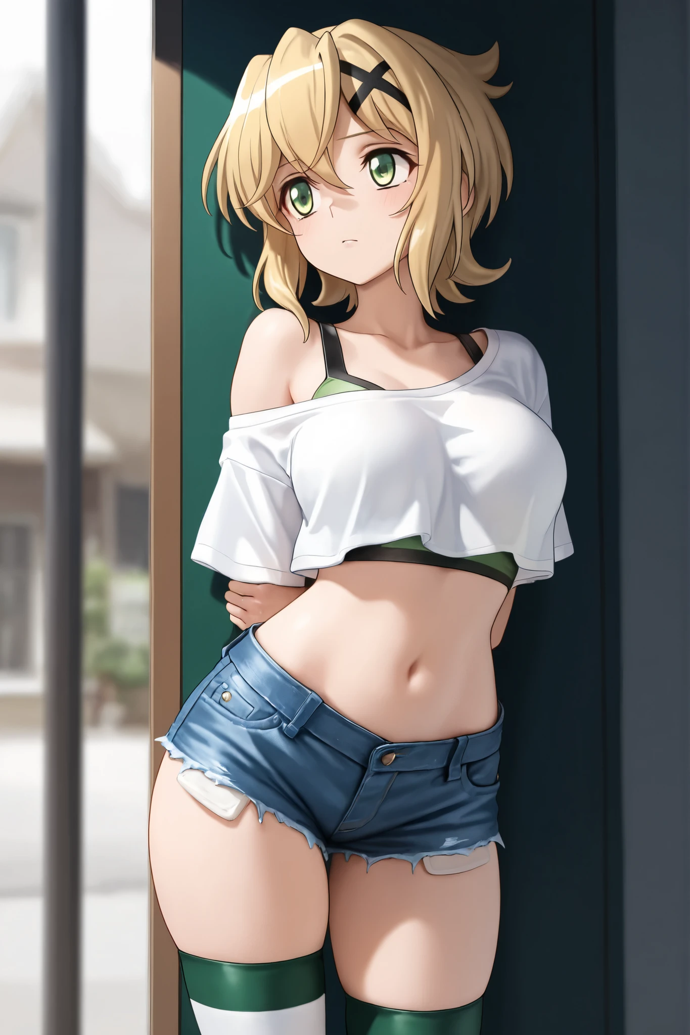 girl,(masterpiece,Highest quality),Street,(Brown Skin),(Completely naked),Bare shoulders、Gal、Blonde、smile、passionate、Swimwear,ponytail、(Underboob),Big Breasts,Cleavage,Mini Camisole、looking at the camera、shoeicro Mini Denim Shorts(Open button),solo、Are standing、barefoot,