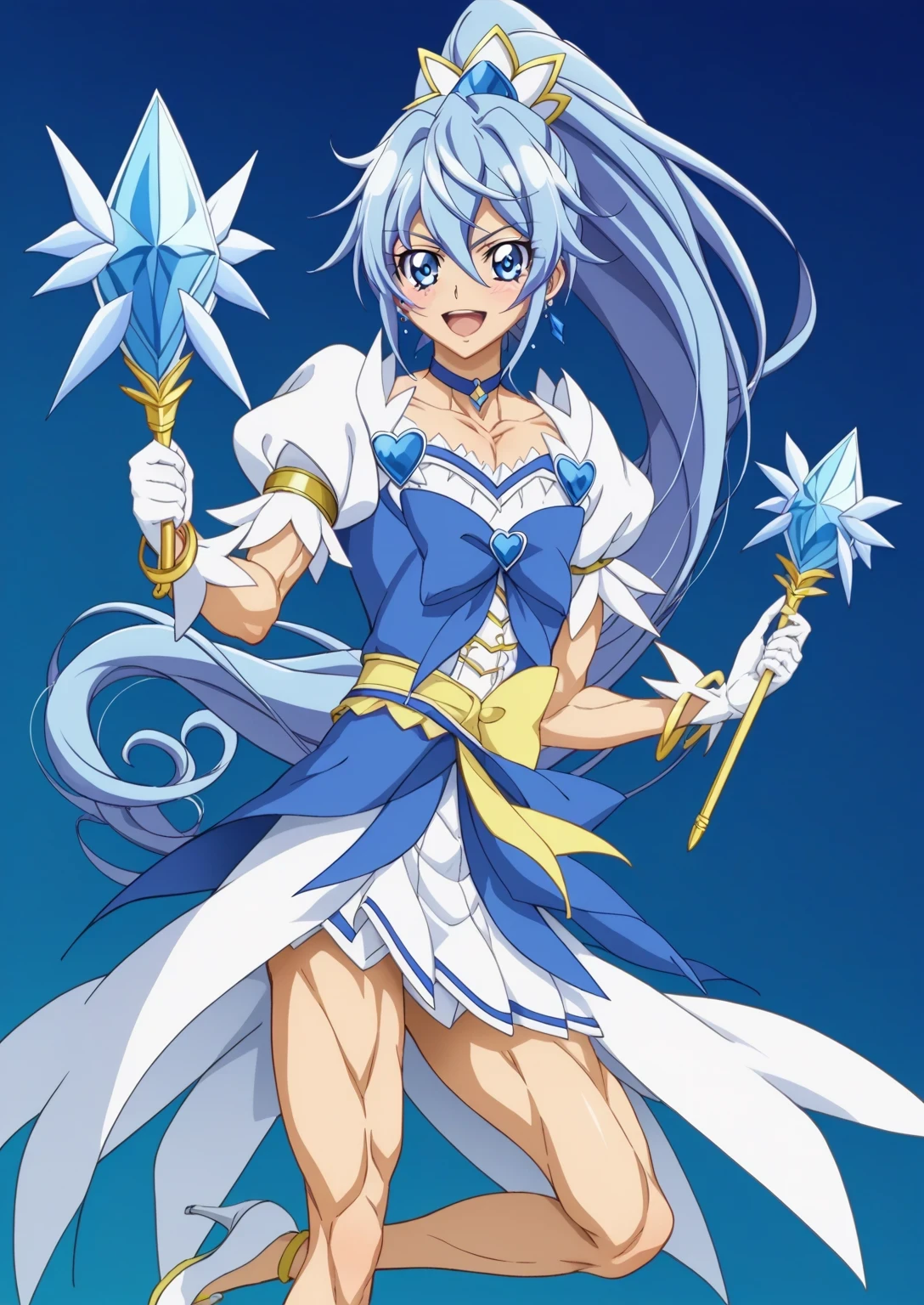 score 9 、score 8 up、score 7 up、source anime、傑作、最高品質、高解像度、anime coloring、1boy、cure diamond、(male:1.5)、blue haired male character is wearing a blue dress、high long ponytail hair、dia shape hair ornament、solo、portrait of magical boy、boy is wearing a white and blue dress、isolated、長い両足、天のオーラ、blue ice aura、white and blue skirt、yellow neckwear、黄色いチョーカー、collarbone、white puffy sleeves、Symmetrical puffy sleeves、white gloves、yellow bracelet、blue waist bow、bare thighs、bare legs、white highheels、Symphogear art style、long blue haired boy、sapphire prince、official anime art style、style of magical boy、masculinization、magical boy、official anime artwork、official anime style、高解像度、perfect outfit、sparkling magical boy、(manly:1.parking blue eyes、perfect body、trapezius、perfect hands、perfect arms、perfect perfect legs、thigh muscles、semitendinosus muscles、hamstrings、adductor magnus muscles、male focus、looking at viewer、solo focus、cowboy shot、(male body:1.5)、beefcake style、blue background、