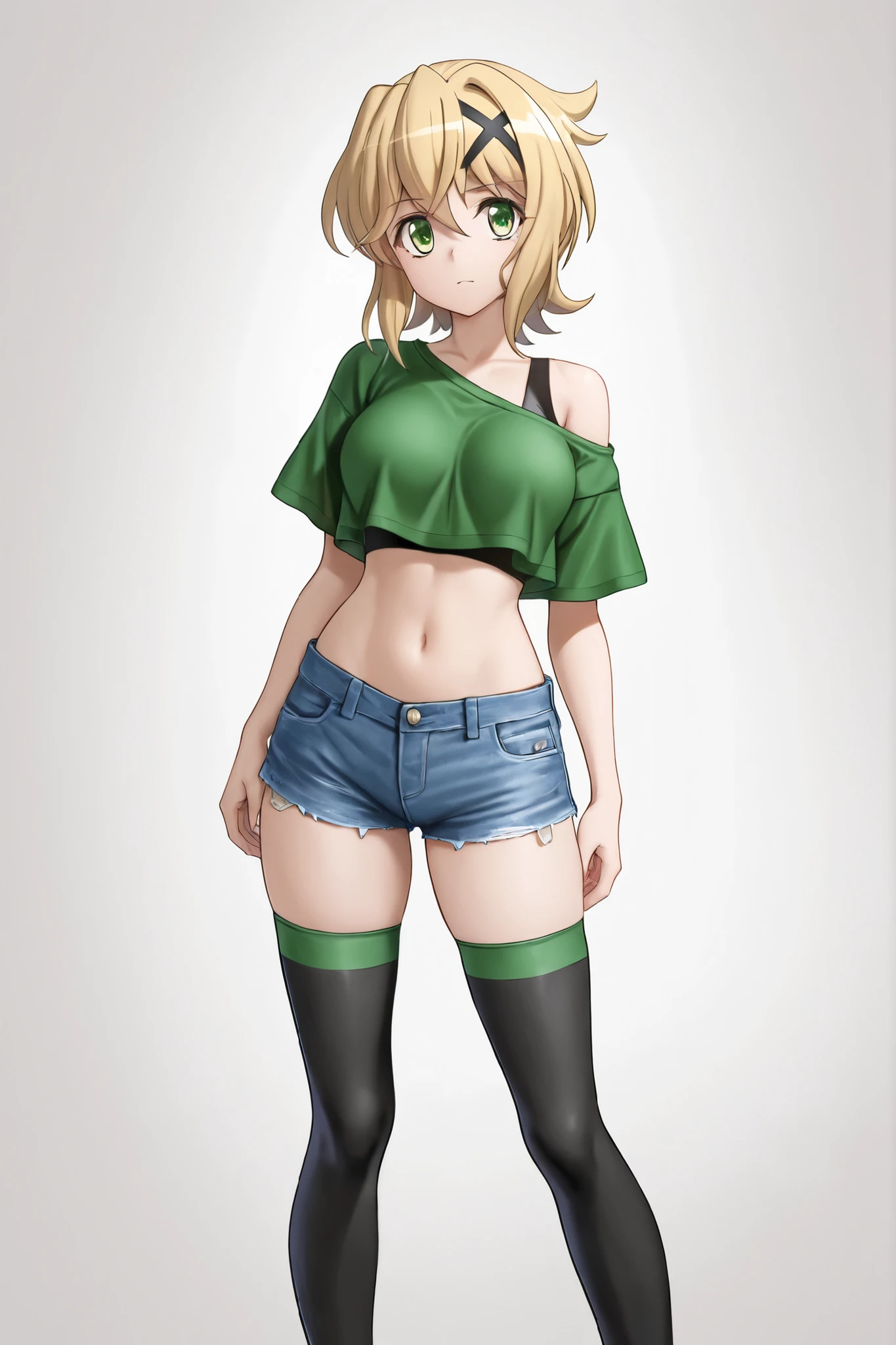 1 girl, wavy, short blonde hair, green eyes, short, flat chest, large ass, black cargo pants, blushing, annoyed, young adult