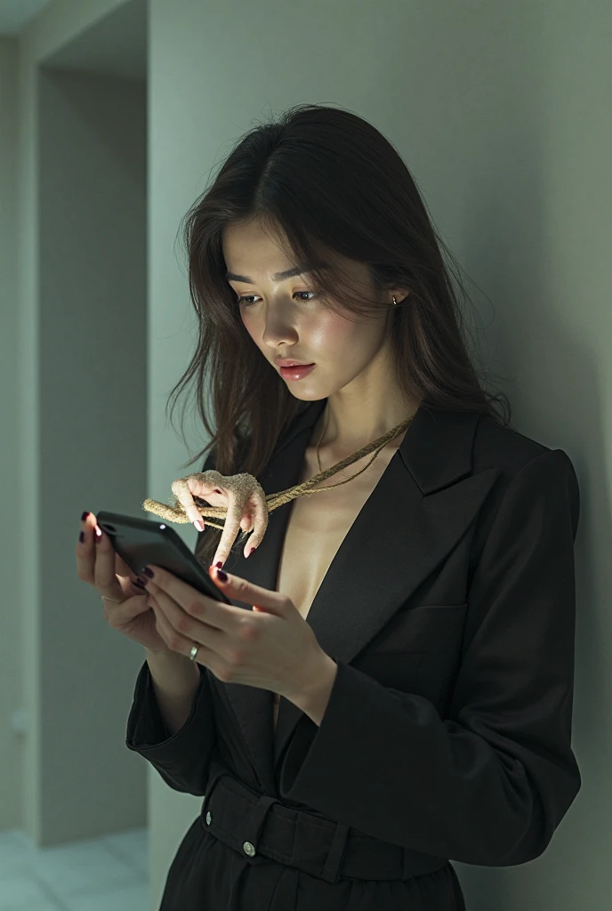 high quality photos, a woman using a smartphone, Hand that pops out of a smartphone, Strangle yourself with a rope